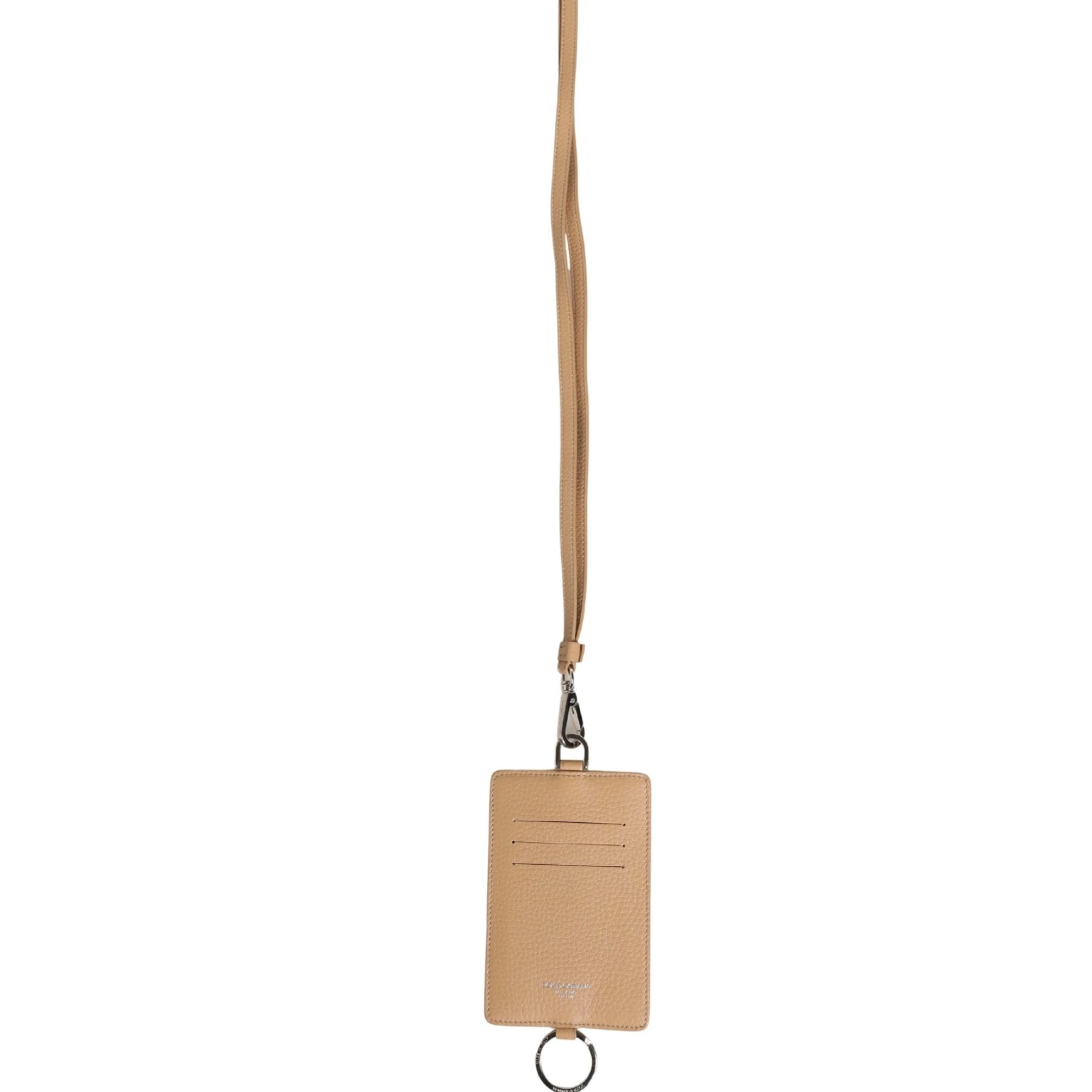 Dolce & Gabbana Beige Leather Logo Embossed Lanyard Card Holder Wallet