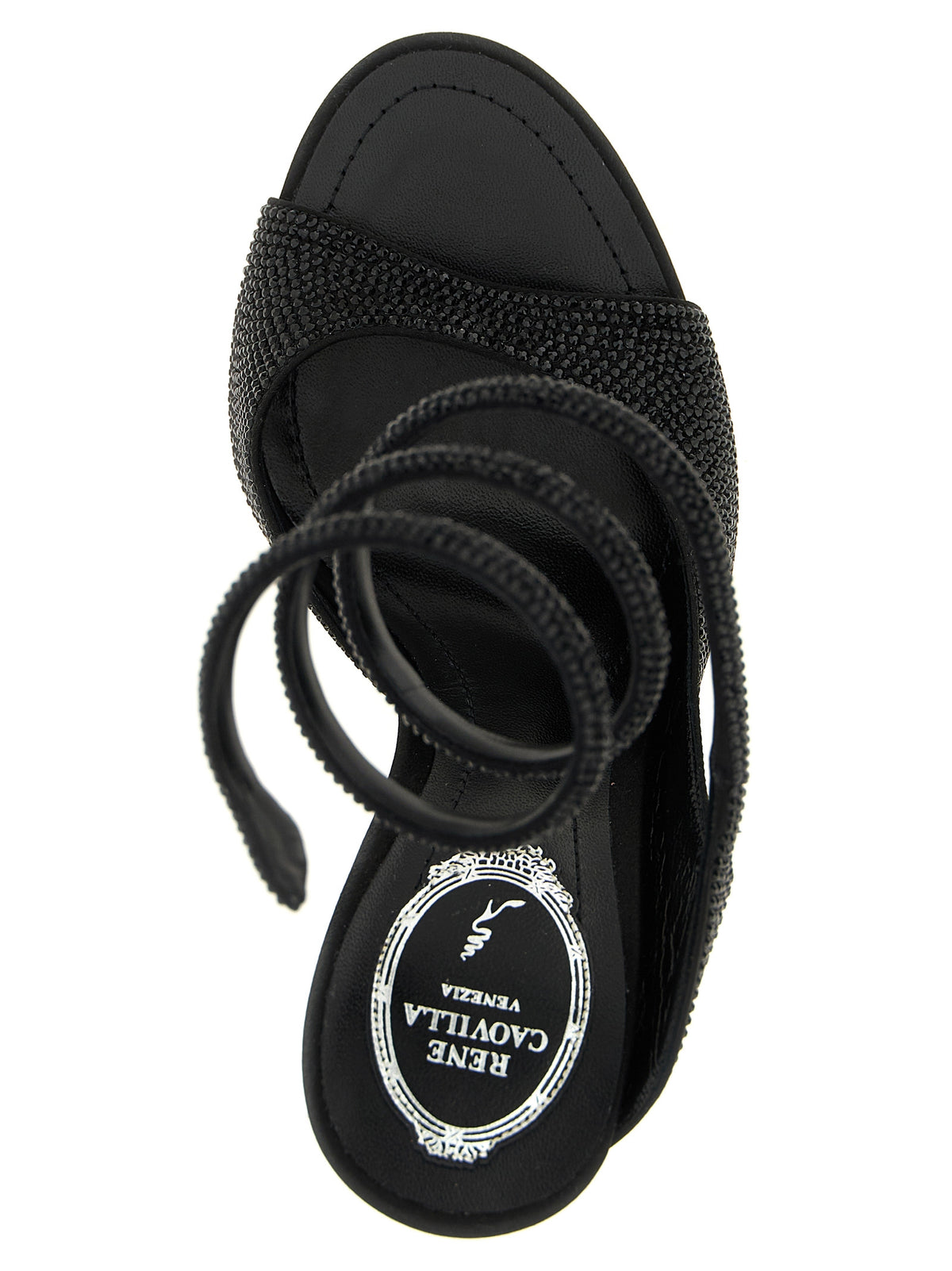 RENE CAOVILLA Black Satin Stiletto Heel Sandals