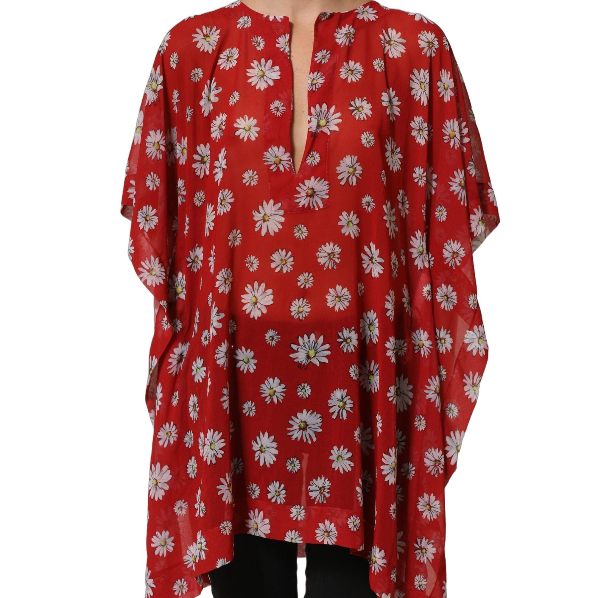 Dolce & Gabbana Red Floral V-neck Polyester Kaftan Blouse Top