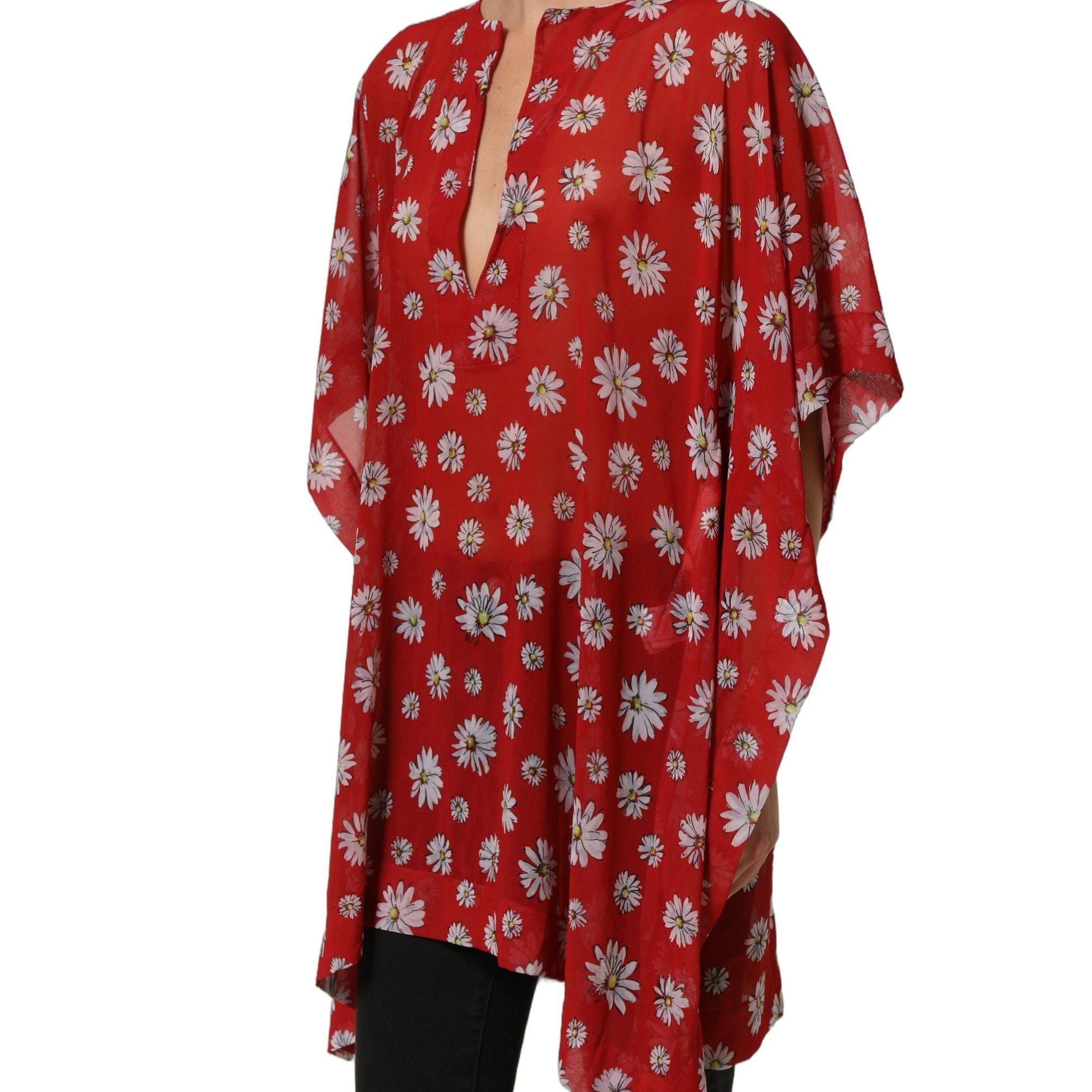 Dolce & Gabbana Red Floral V-neck Polyester Kaftan Blouse Top