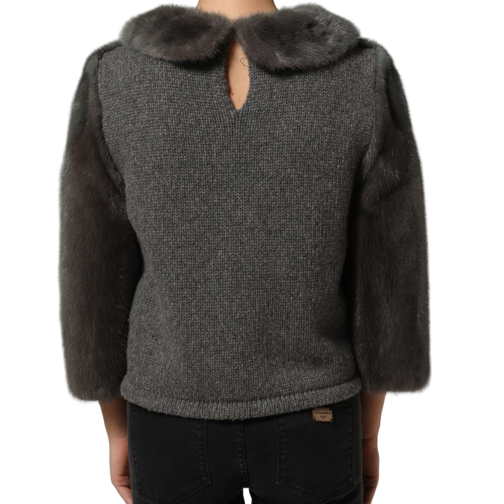 Dolce & Gabbana Dark Gray Mink Fur Round Collar Blouse Top