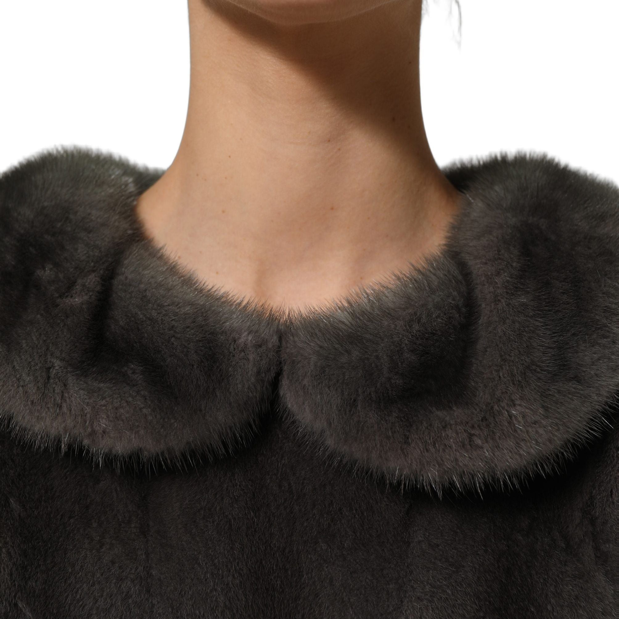 Dolce & Gabbana Dark Gray Mink Fur Round Collar Blouse Top
