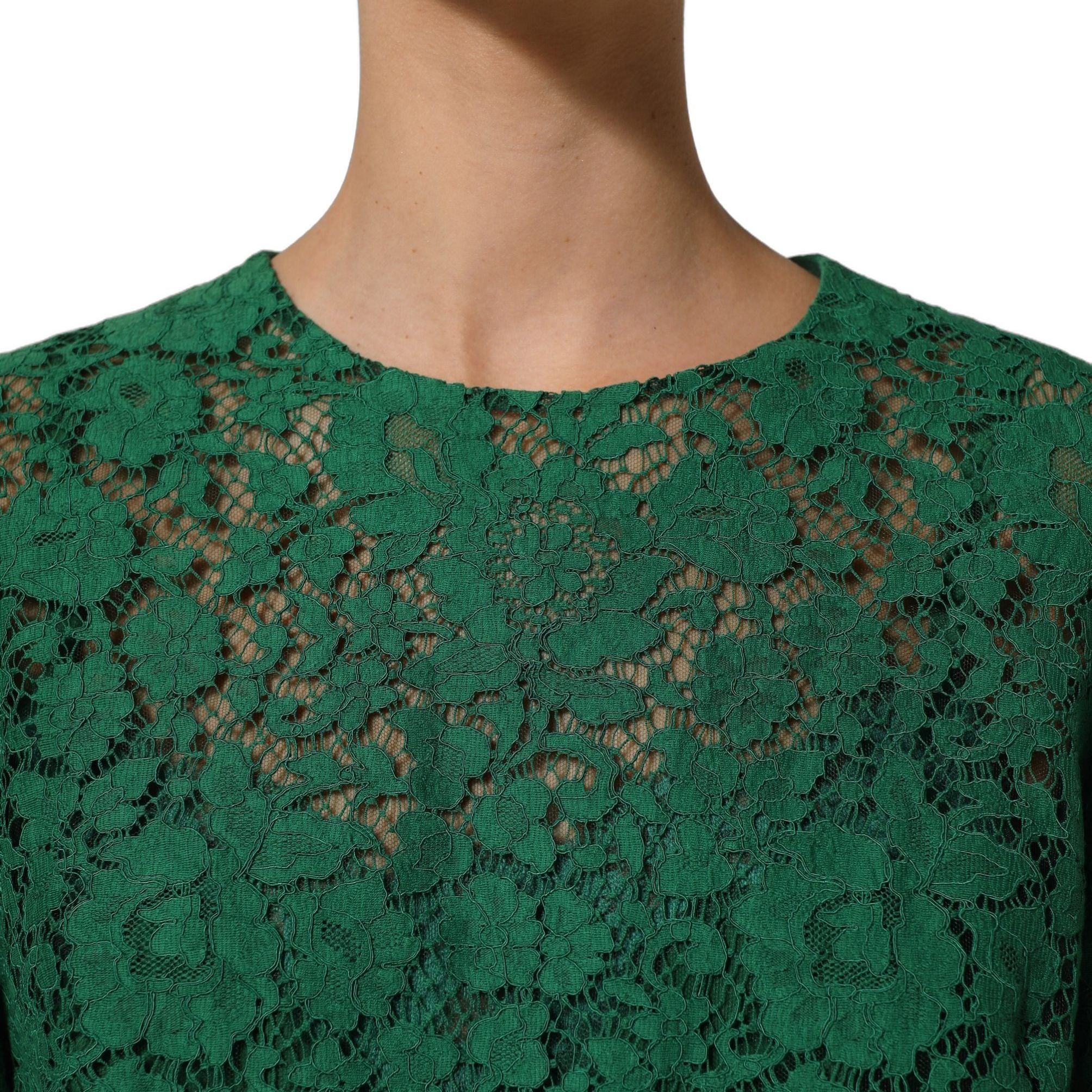 Dolce & Gabbana Green Floral Lace Round Neck Blouse Top