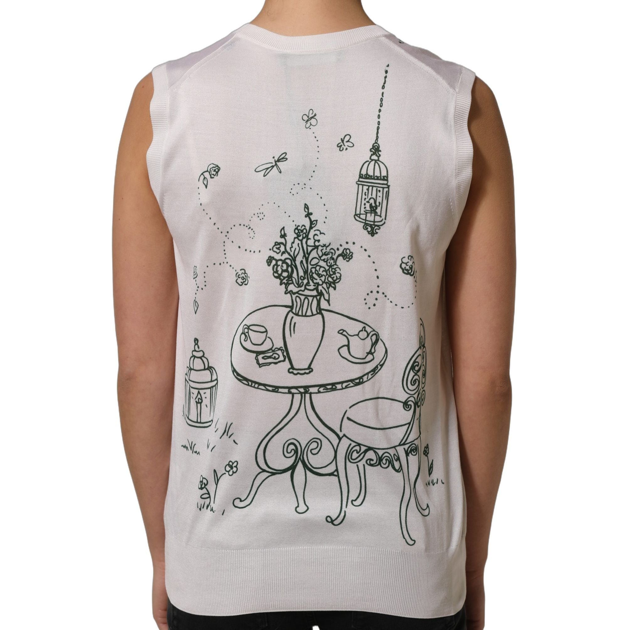 Dolce & Gabbana White Silk Knit Garden Fountain Print Tank Top
