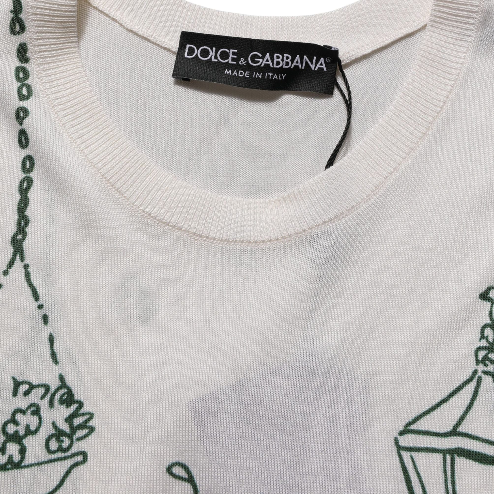 Dolce & Gabbana White Silk Knit Garden Fountain Print Tank Top