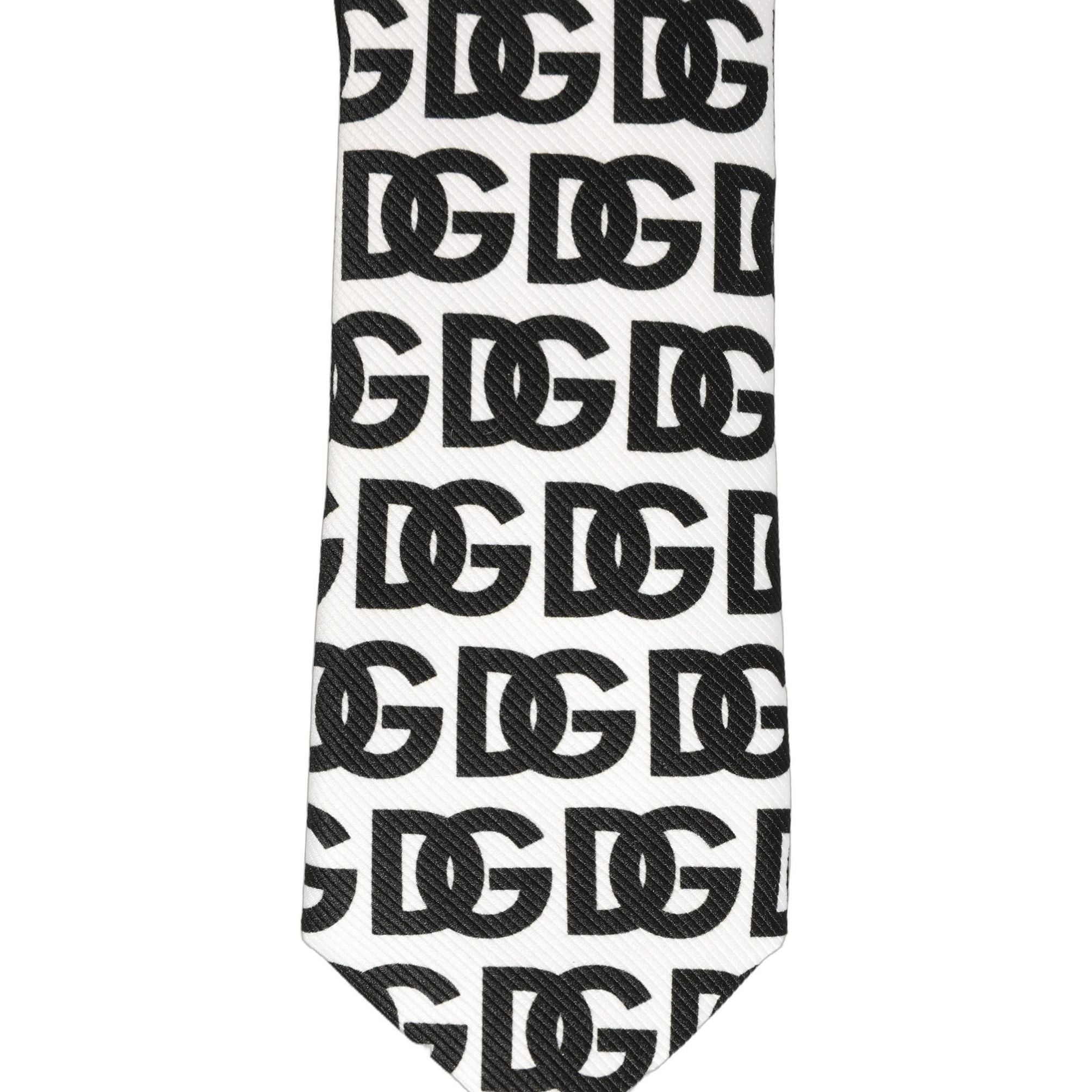 Dolce & Gabbana White Black Logo Monogram Wide Adjustable Men Necktie Tie
