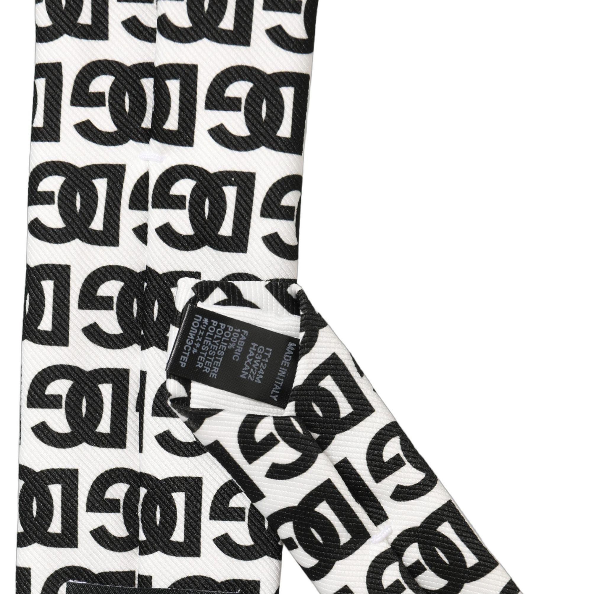 Dolce & Gabbana White Black Logo Monogram Wide Adjustable Men Necktie Tie
