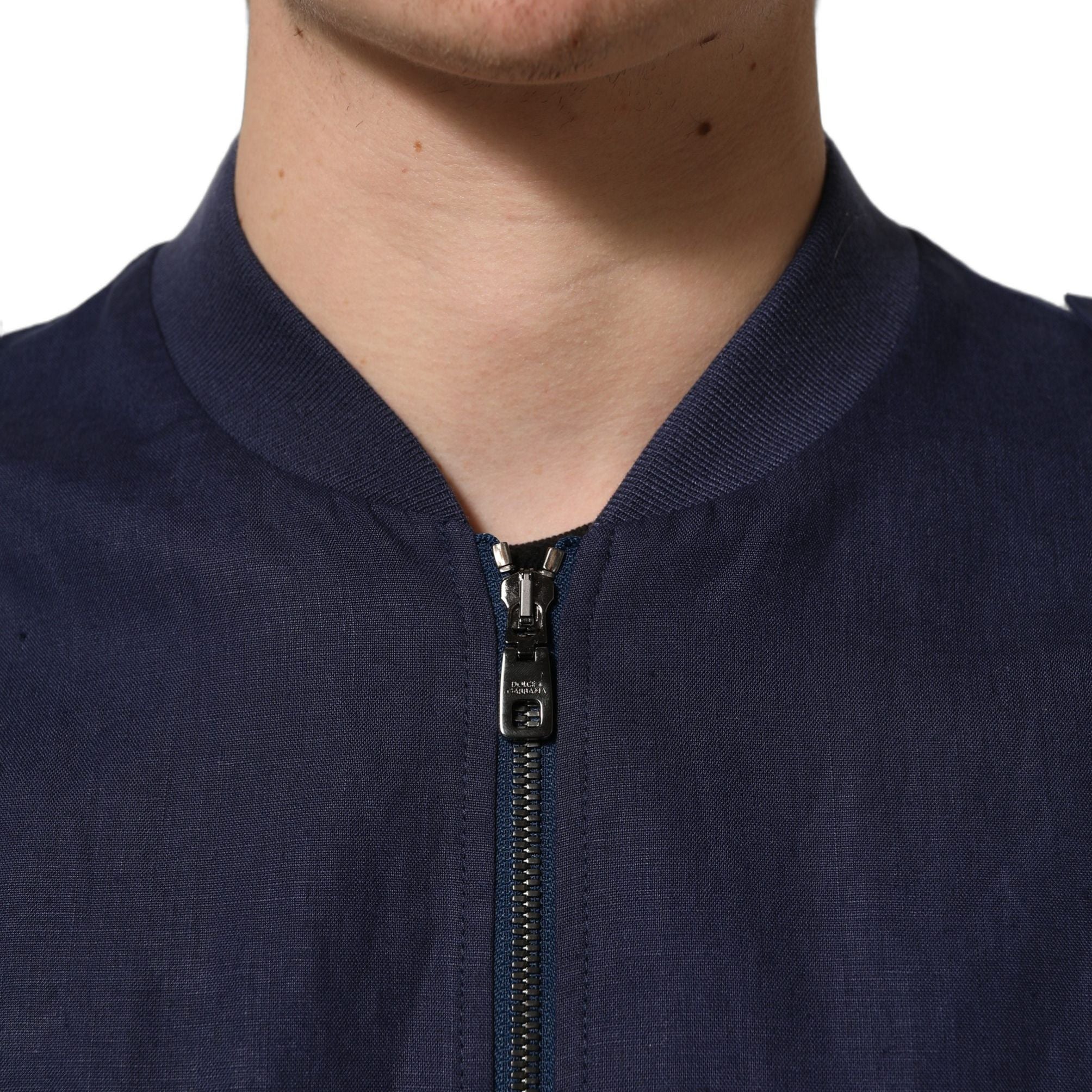 Dolce & Gabbana Blue Linen Full Zip Men Bomber Jacket