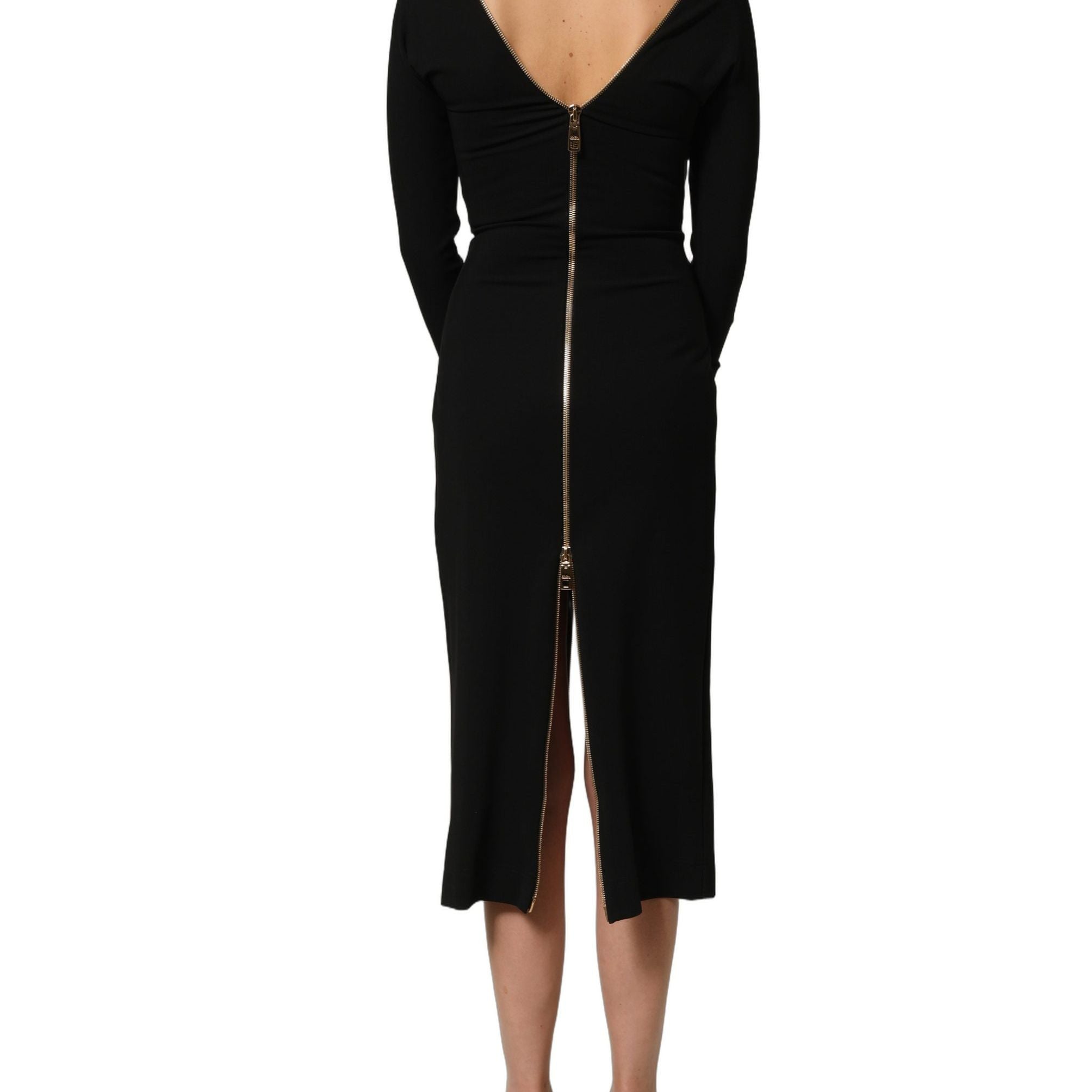 Dolce & Gabbana Black Long Sleeves Front Zipper Midi Dress