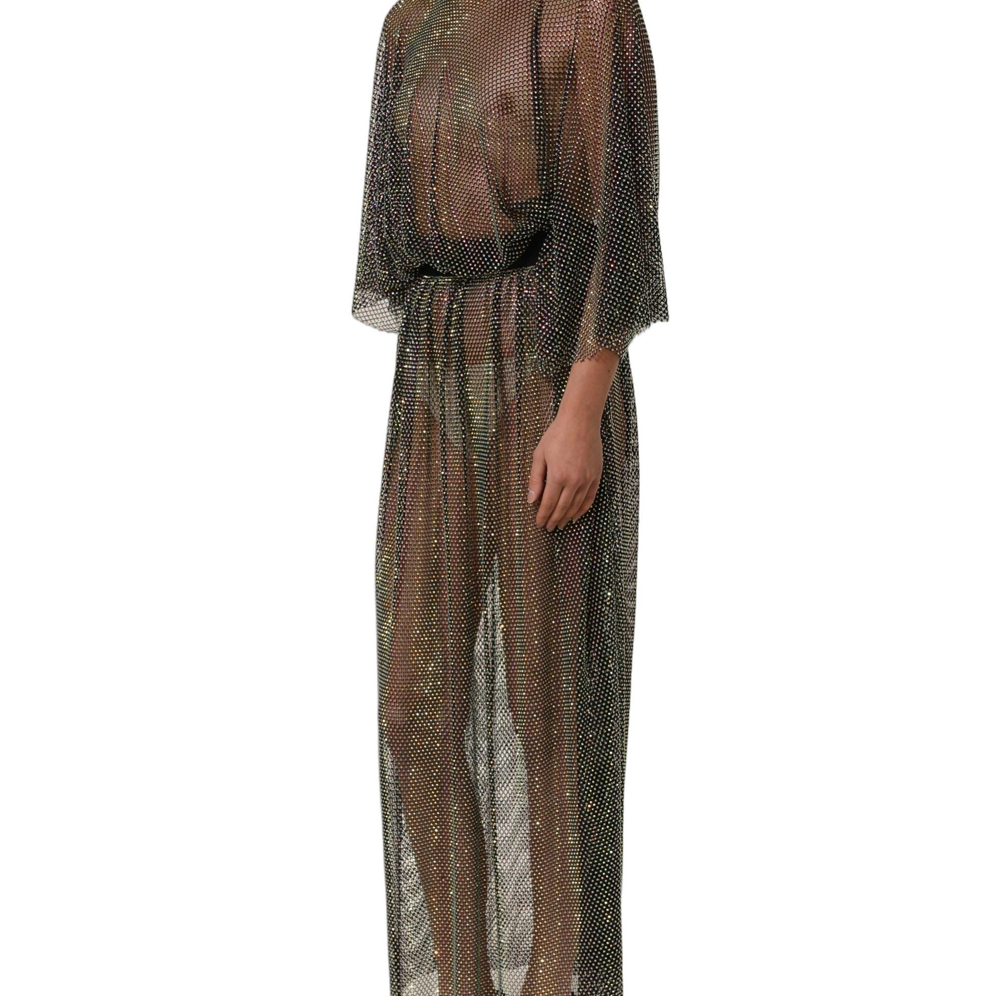 Dolce & Gabbana Black Rhinestone Mesh Turtleneck Maxi Dress