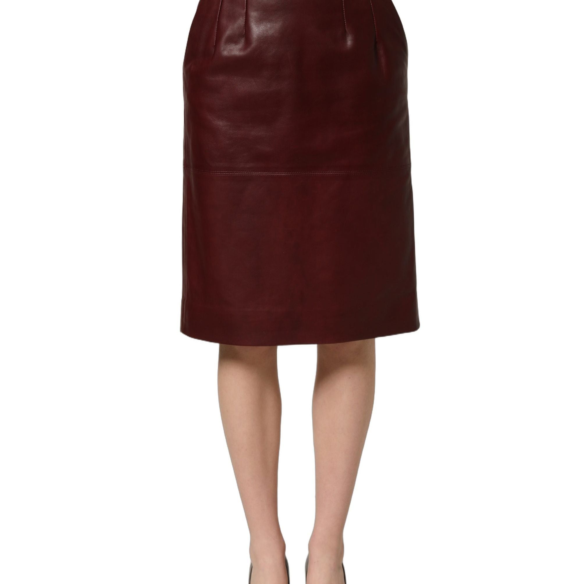 Dolce & Gabbana Burgundy Leather High Waist Pencil Midi Skirt
