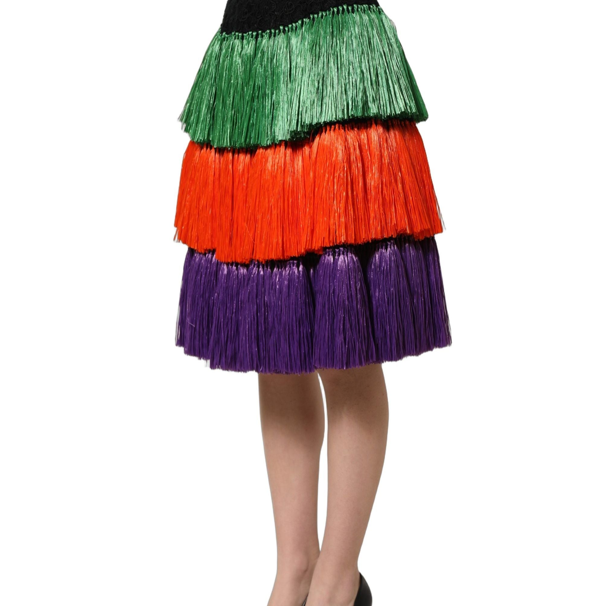 Dolce & Gabbana Multicolor Fringed High Waist Knee Length Skirt