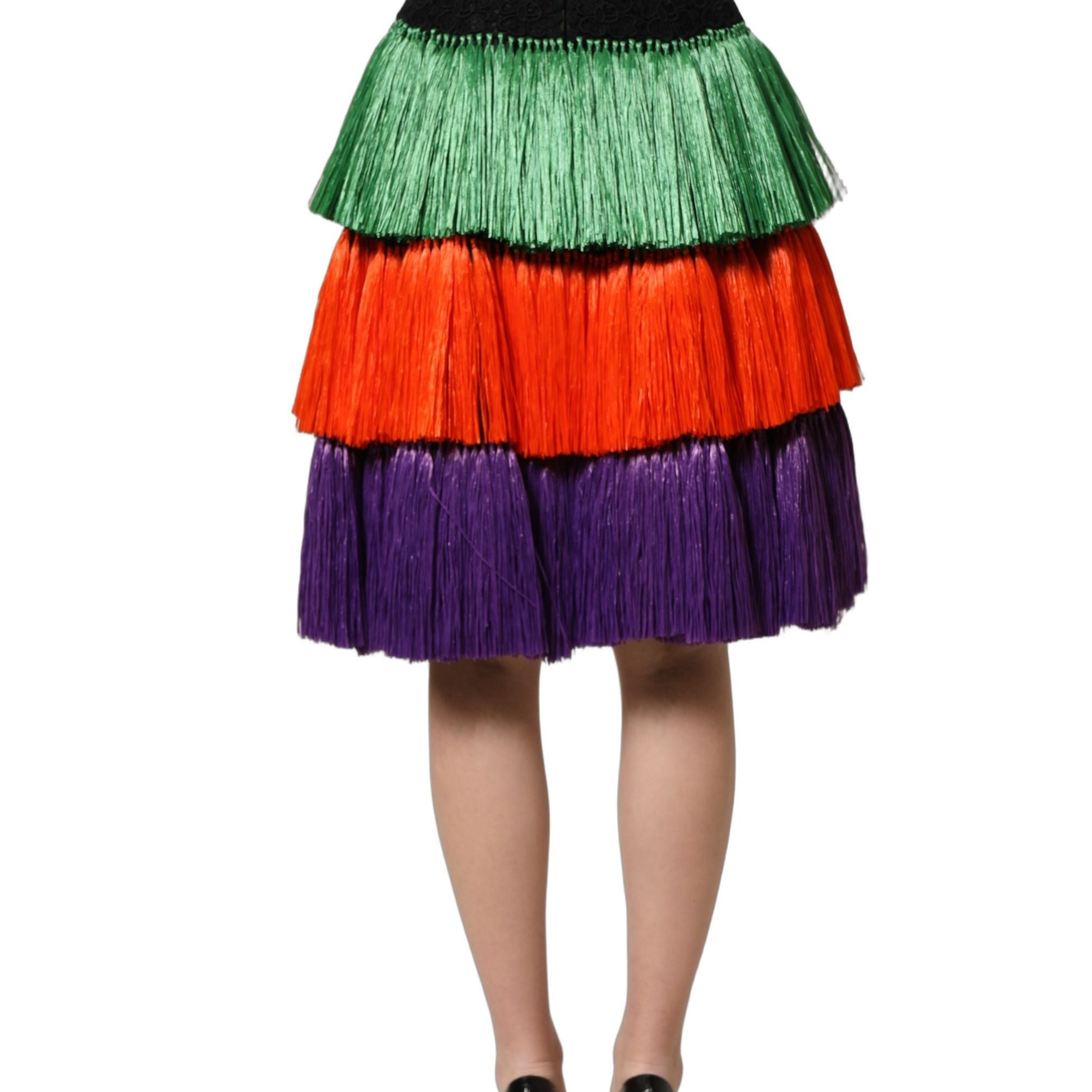 Dolce & Gabbana Multicolor Fringed High Waist Knee Length Skirt