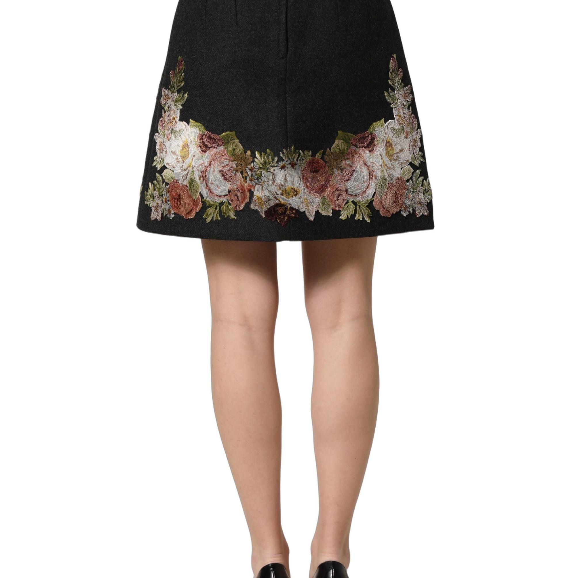 Dolce & Gabbana Black Floral Macramé High Waist A-line Skirt