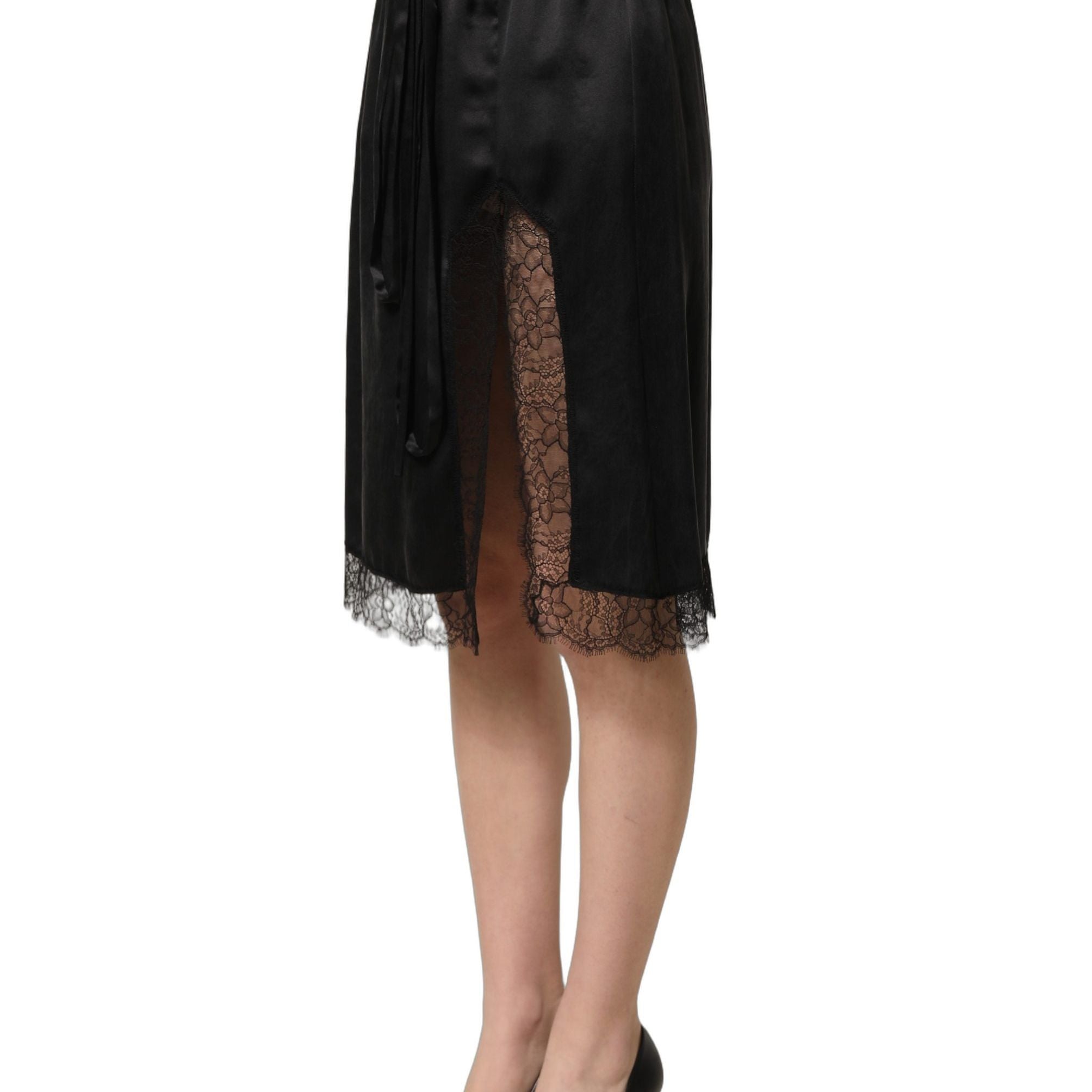 Dolce & Gabbana Black Lace Trimmed Satin Side Slit Skirt
