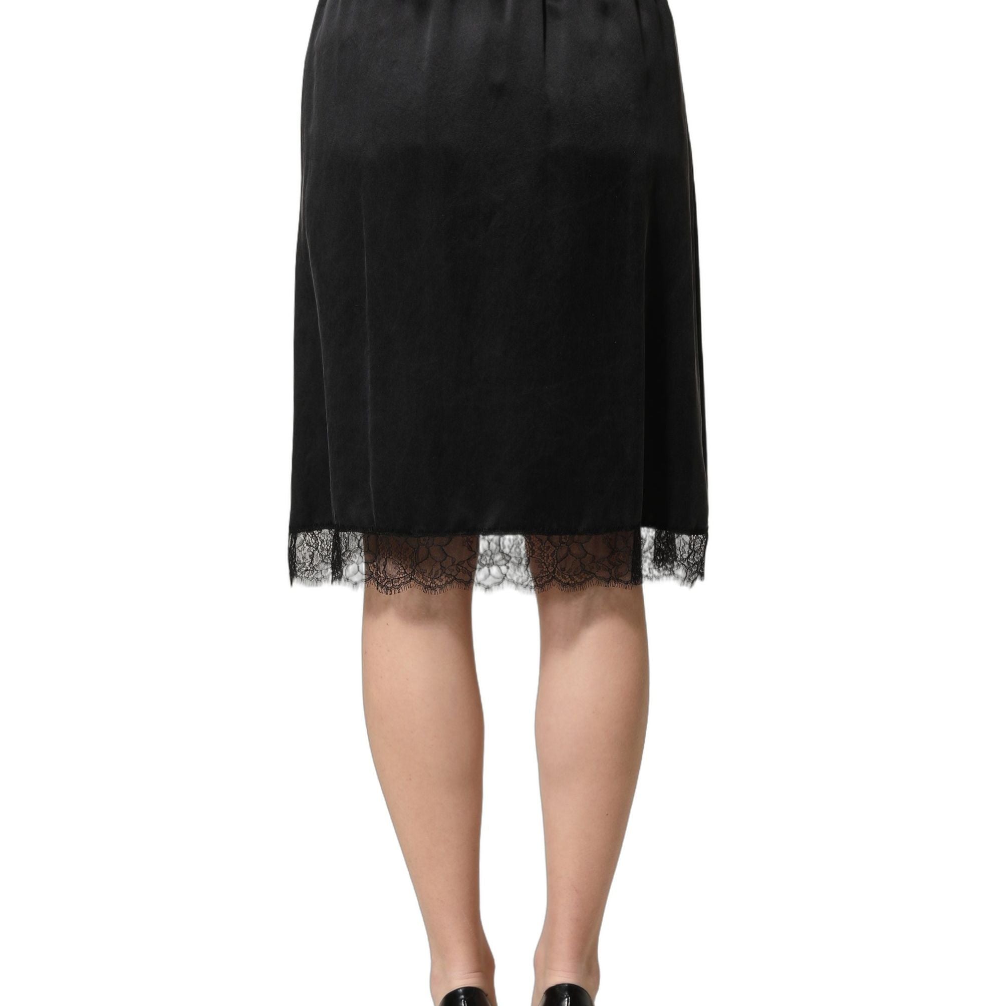 Dolce & Gabbana Black Lace Trimmed Satin Side Slit Skirt