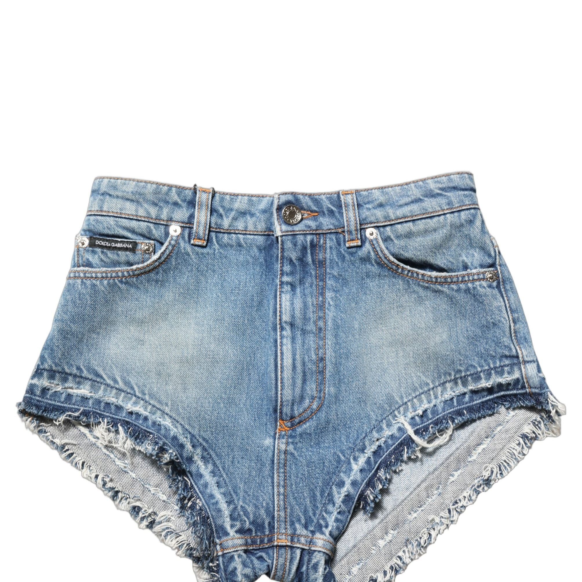 Dolce & Gabbana Blue Cotton High Waist Denim Hotpants Shorts