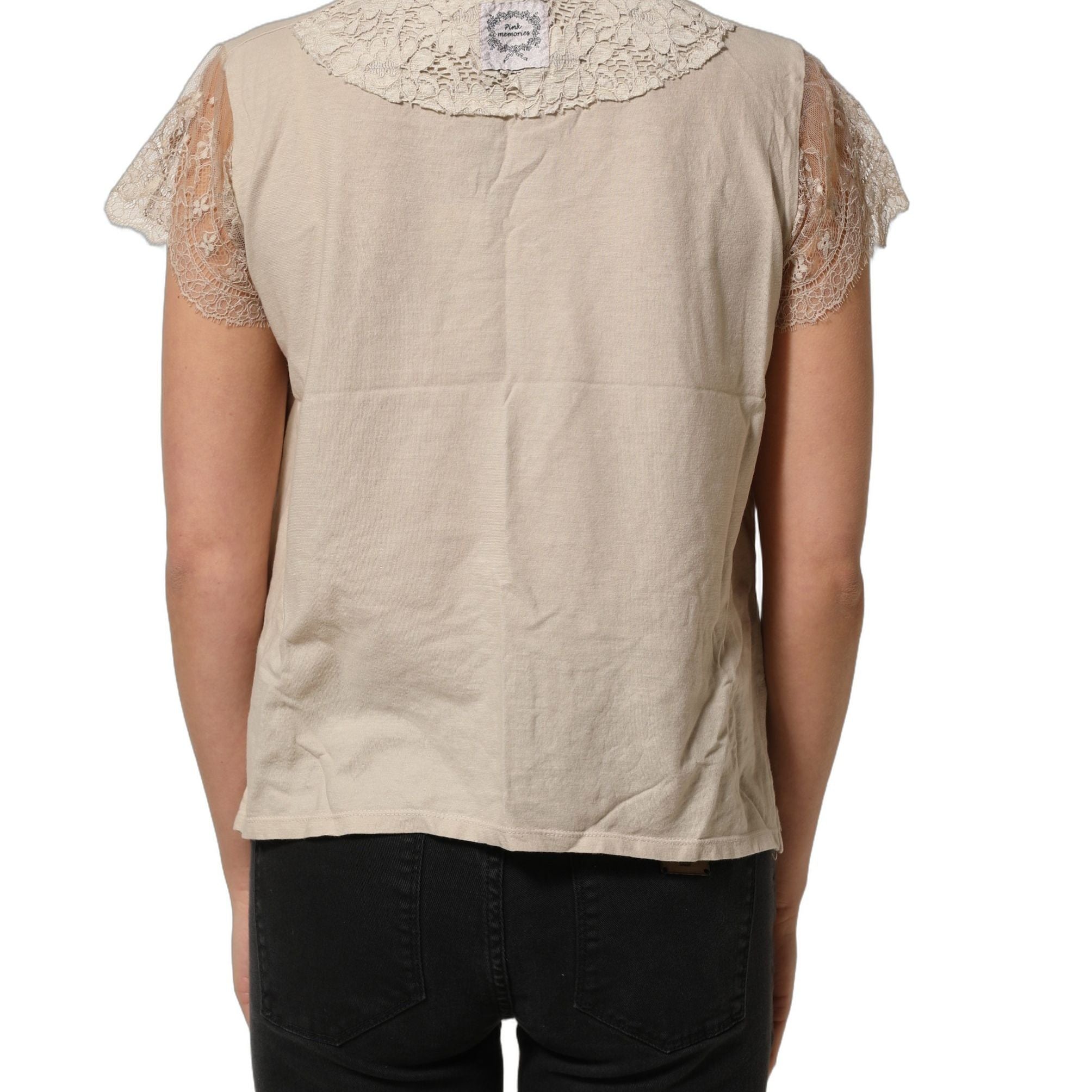 PINK MEMORIES Beige Cotton Lace Detailing Round Neck Top