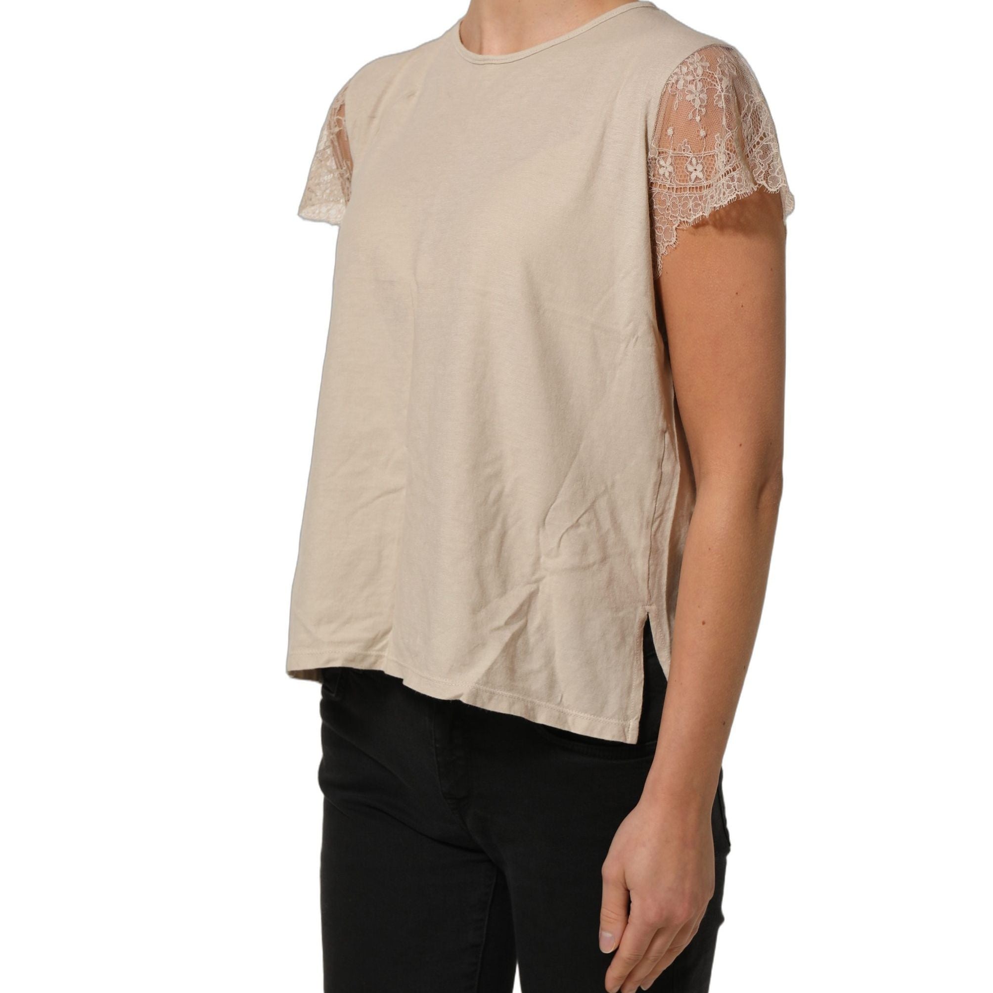 PINK MEMORIES Beige Cotton Lace Detailing Round Neck Top
