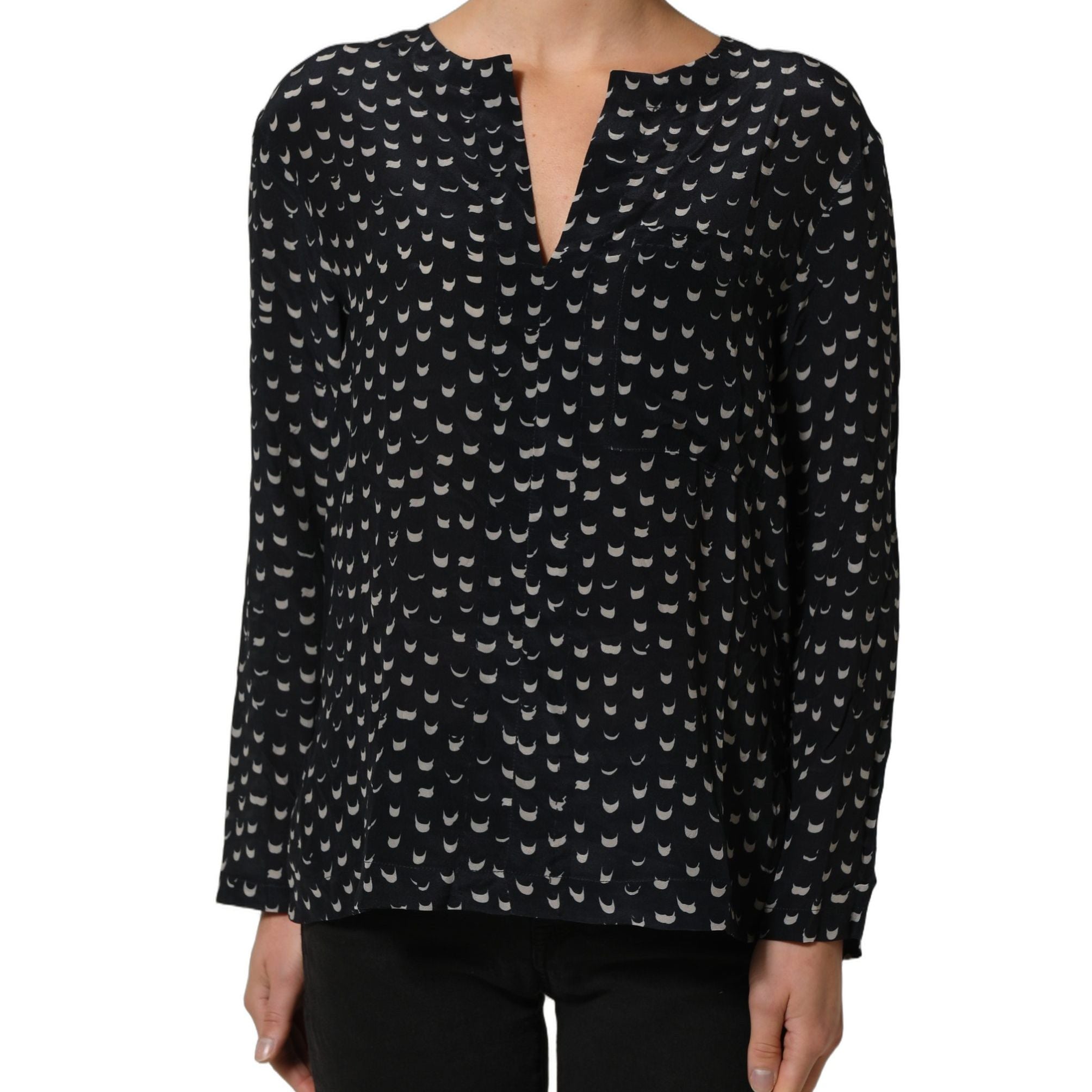 Bruno Manetti Black SIlk Long Sleeves Deep V-neck Blouse Top