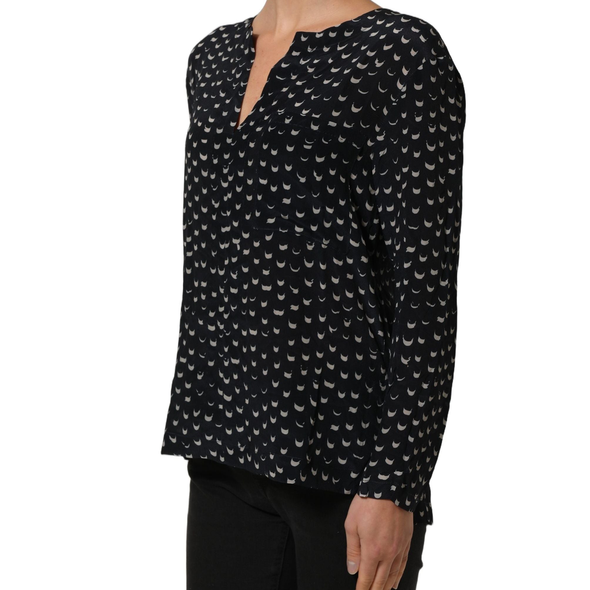 Bruno Manetti Black SIlk Long Sleeves Deep V-neck Blouse Top