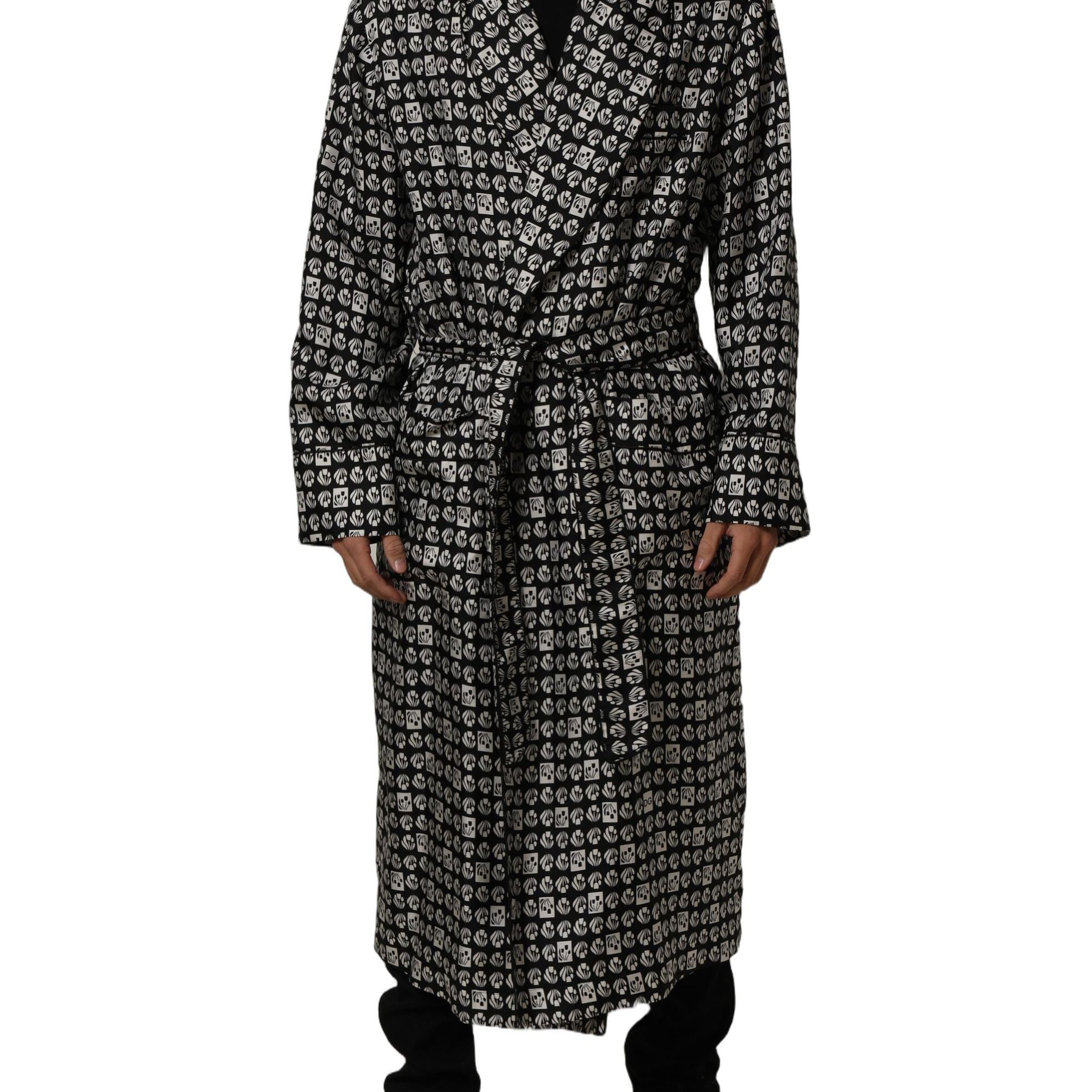 Dolce & Gabbana Black White Silk Men Wrap Robe Coat Jacket