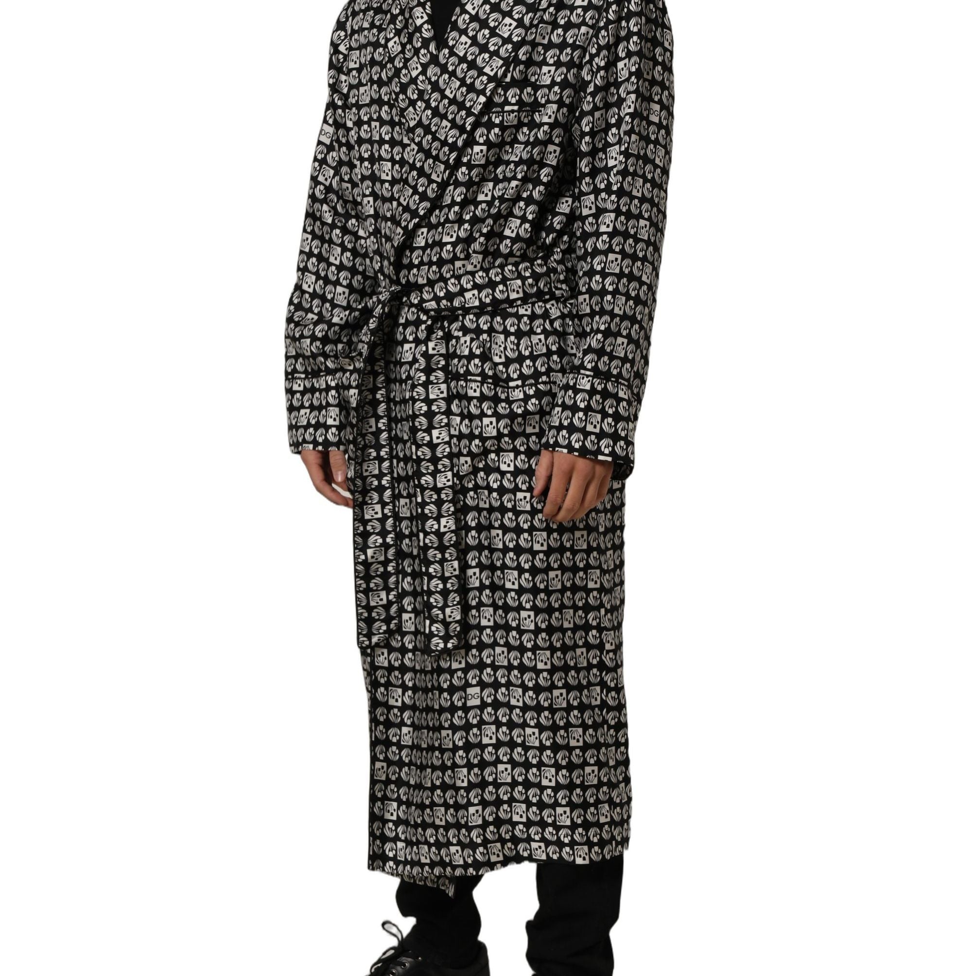 Dolce & Gabbana Black White Silk Men Wrap Robe Coat Jacket