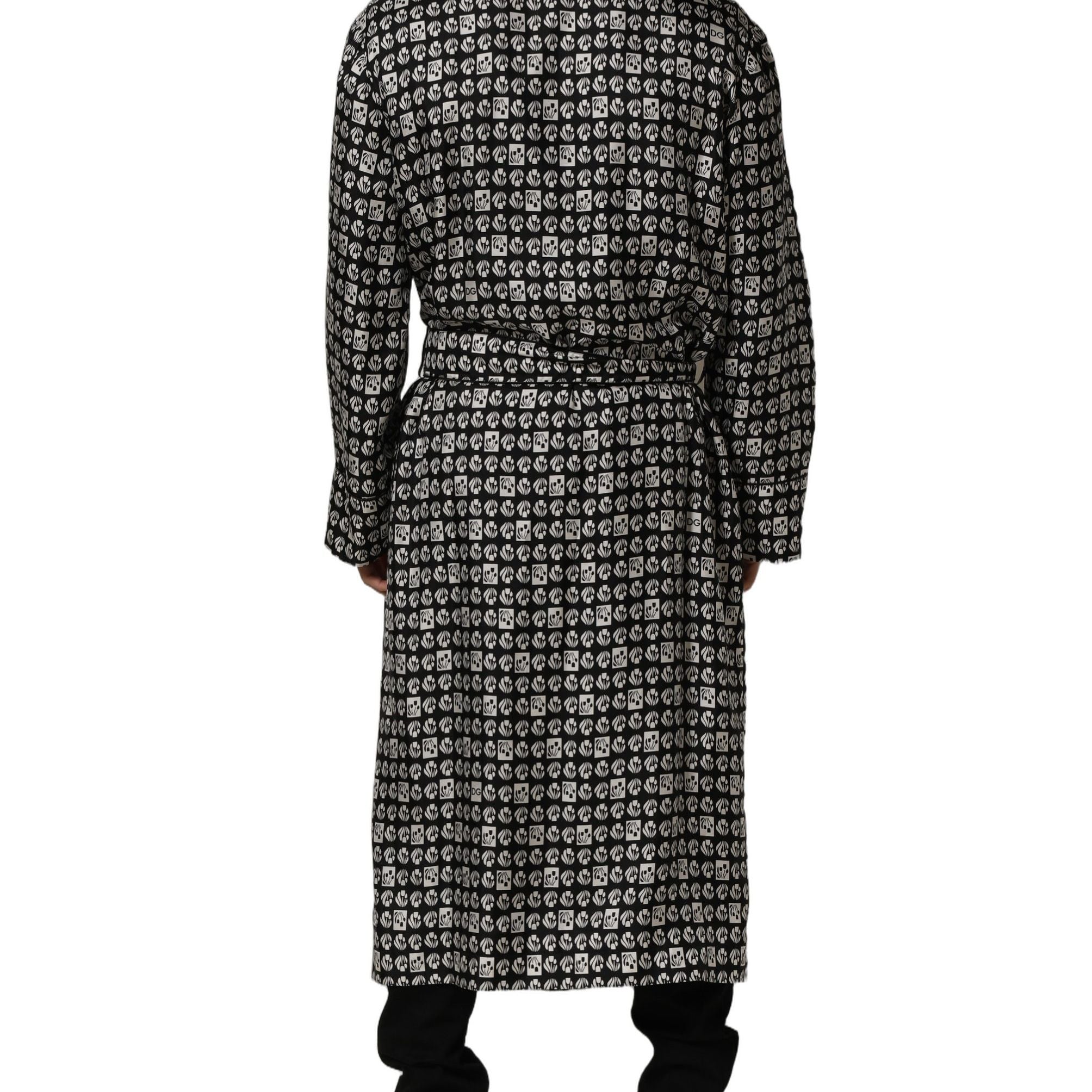 Dolce & Gabbana Black White Silk Men Wrap Robe Coat Jacket
