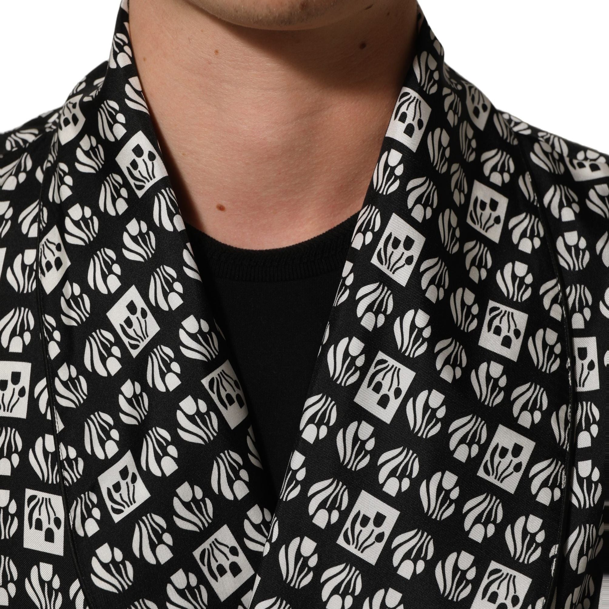 Dolce & Gabbana Black White Silk Men Wrap Robe Coat Jacket