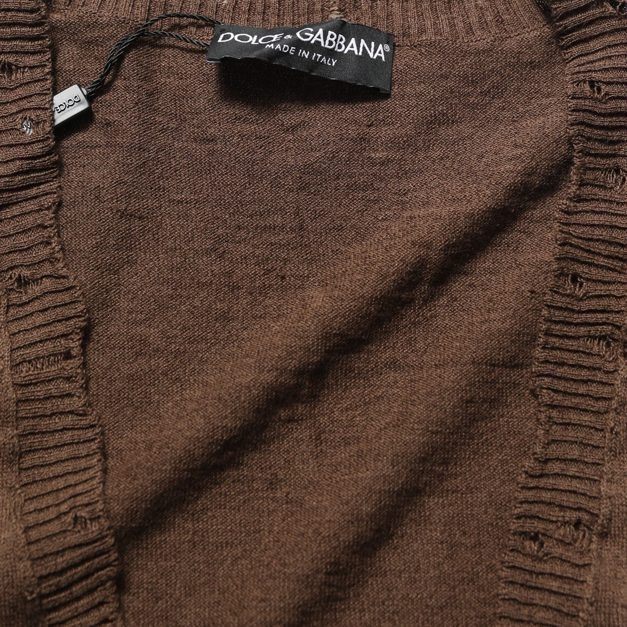 Dolce & Gabbana Brown Flax Buttoned V-neck Pullover Sweater