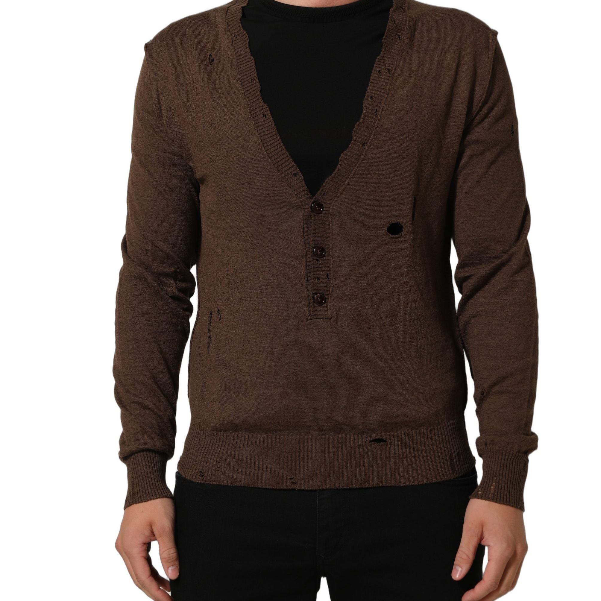 Dolce & Gabbana Brown Flax Buttoned V-neck Pullover Sweater