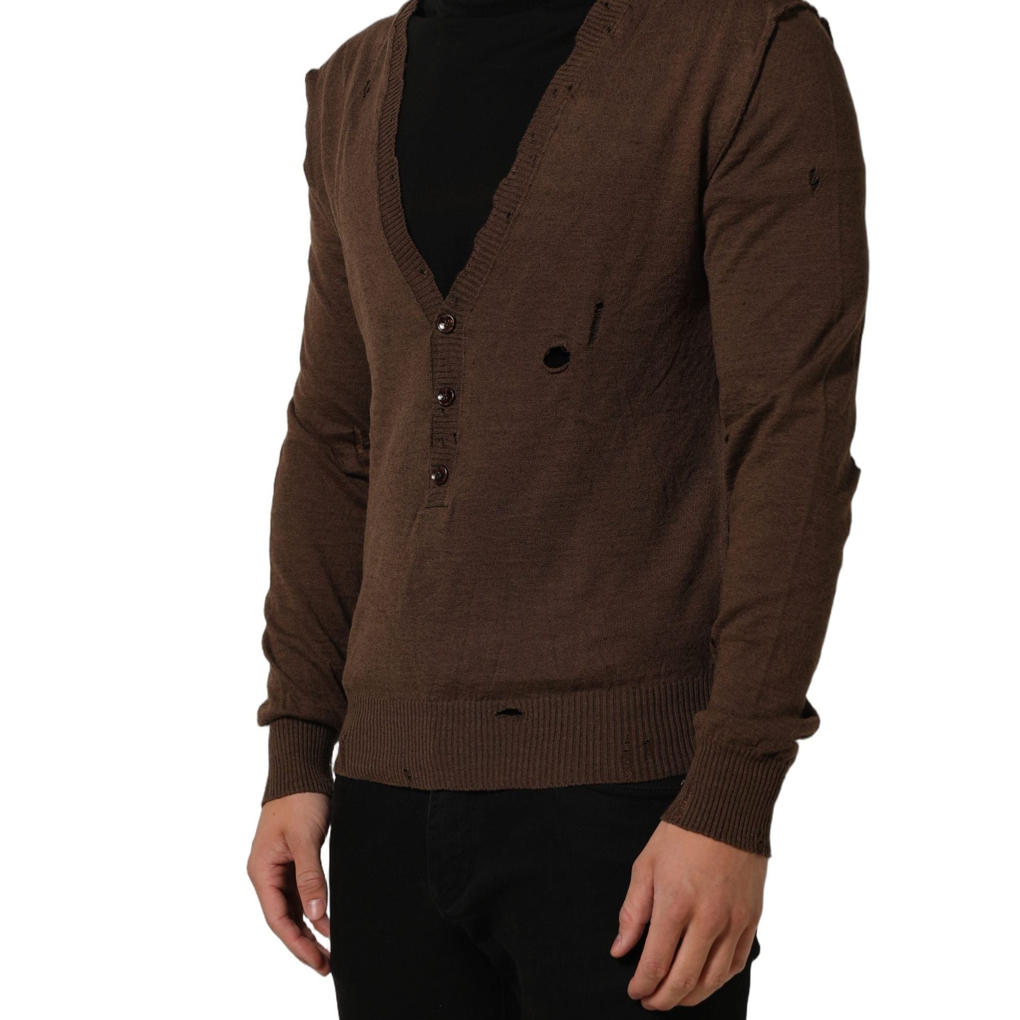 Dolce & Gabbana Brown Flax Buttoned V-neck Pullover Sweater