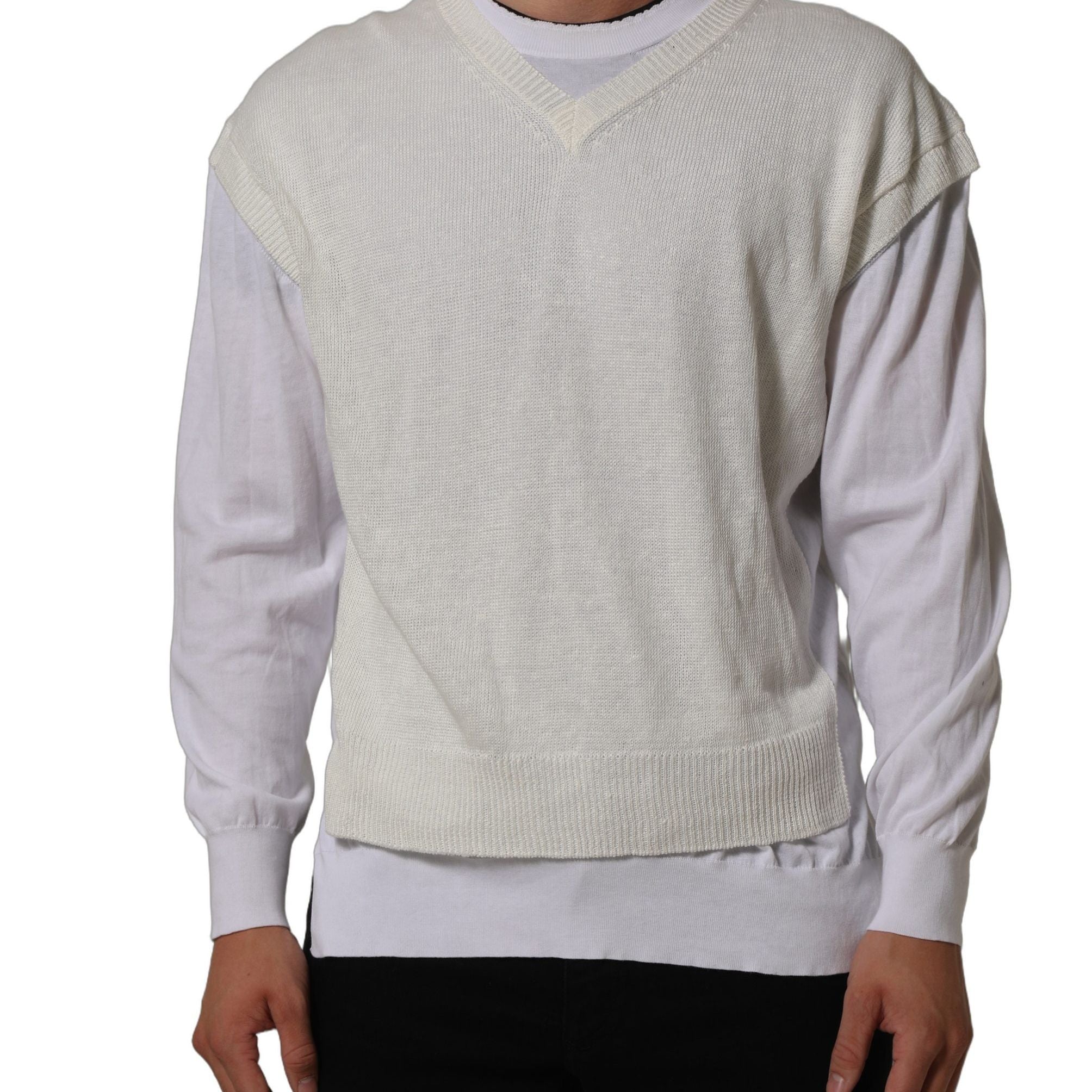 Dolce & Gabbana White Flax CrewNeck Layered Pullover Sweater