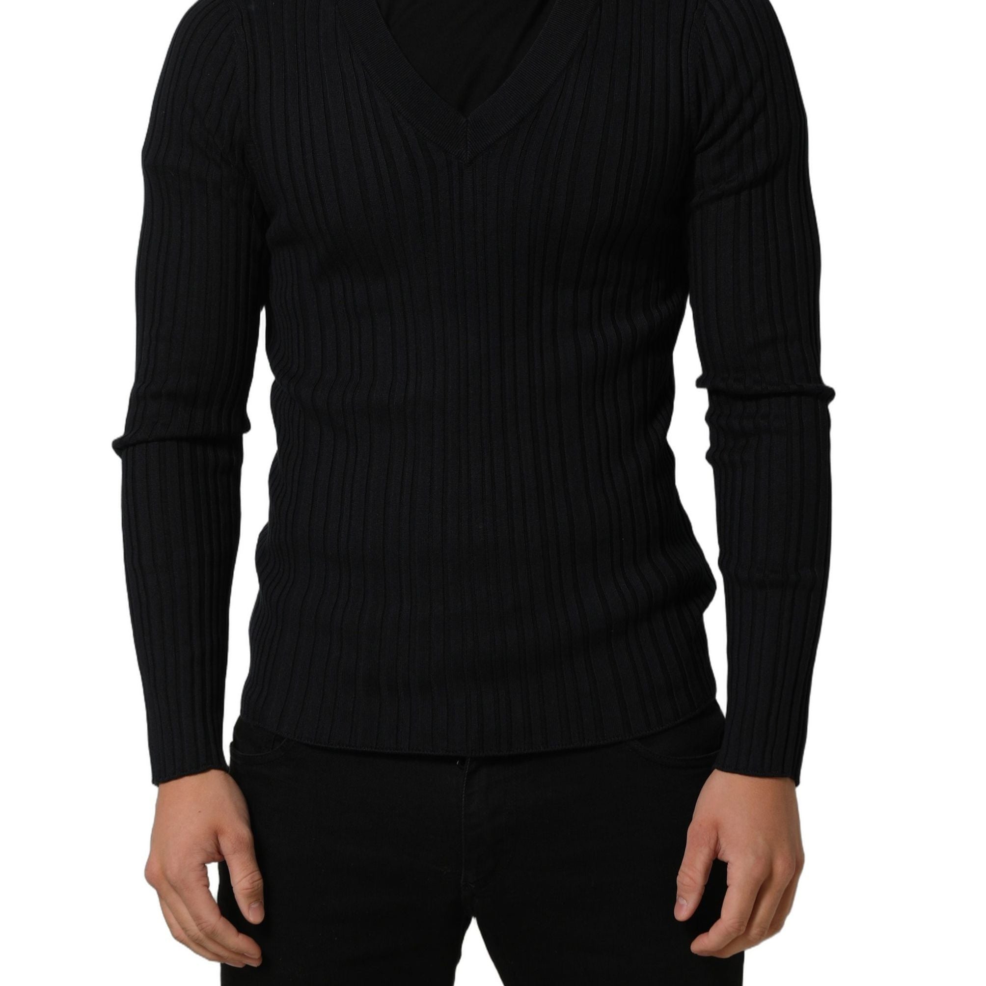 Dolce & Gabbana Black Silk Blend V-neck Pullover Men Sweater