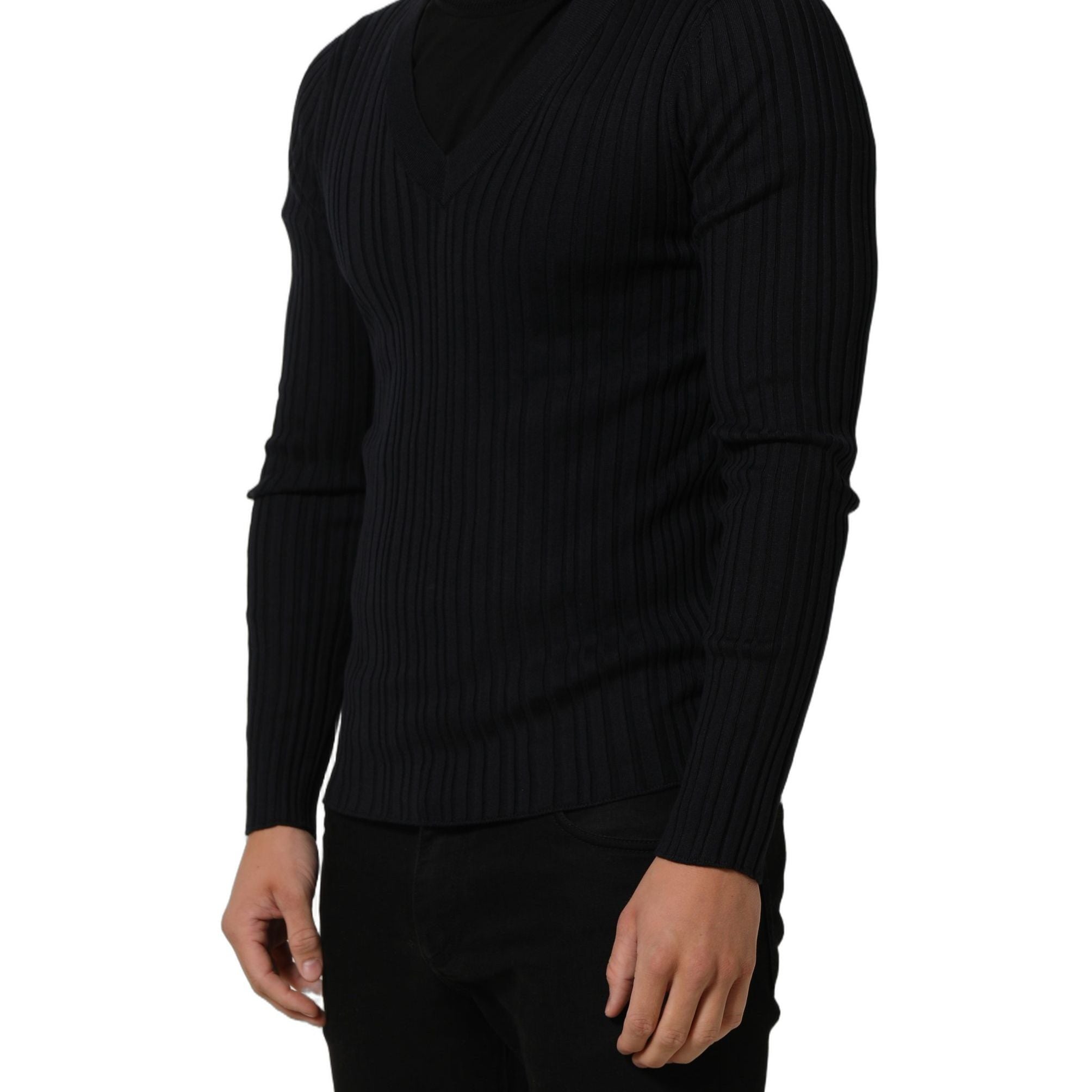 Dolce & Gabbana Black Silk Blend V-neck Pullover Men Sweater