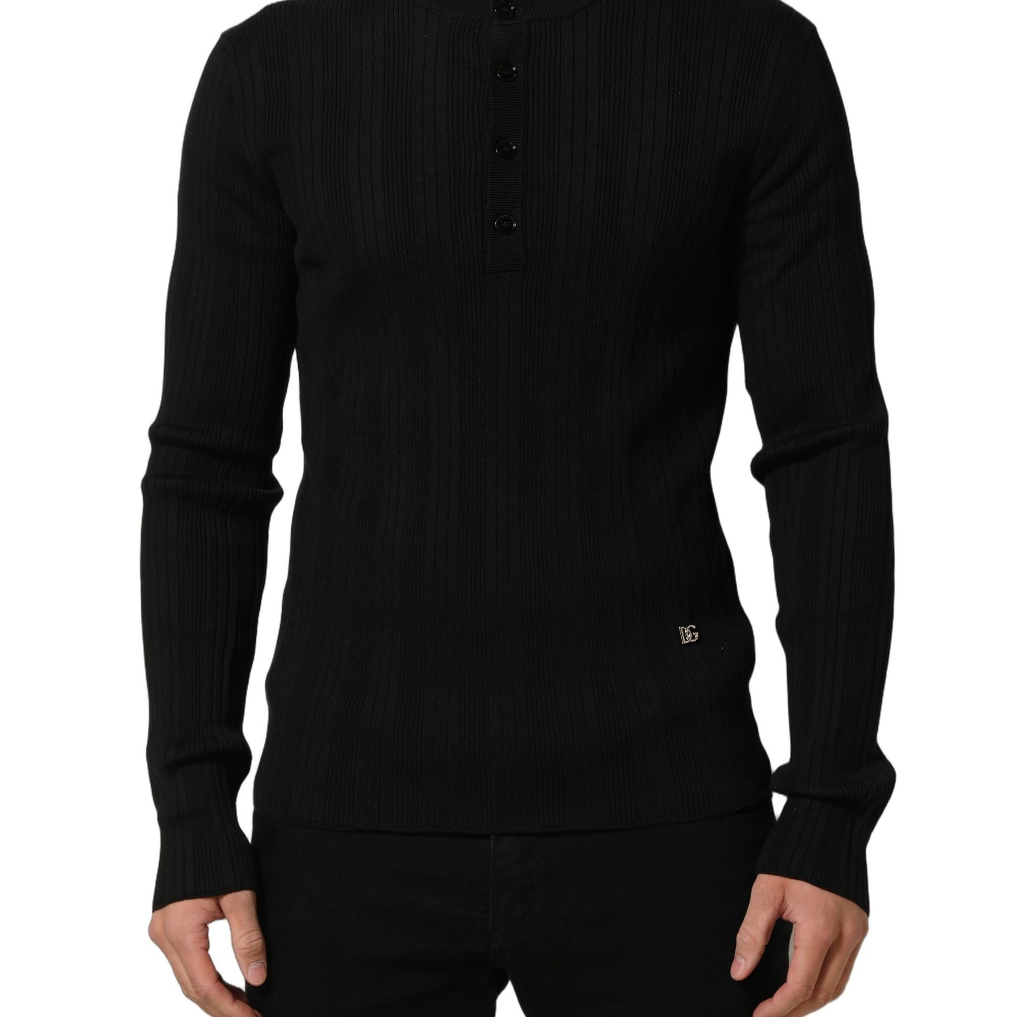 Dolce & Gabbana Black Silk Blend Henley Pullover Men Sweater