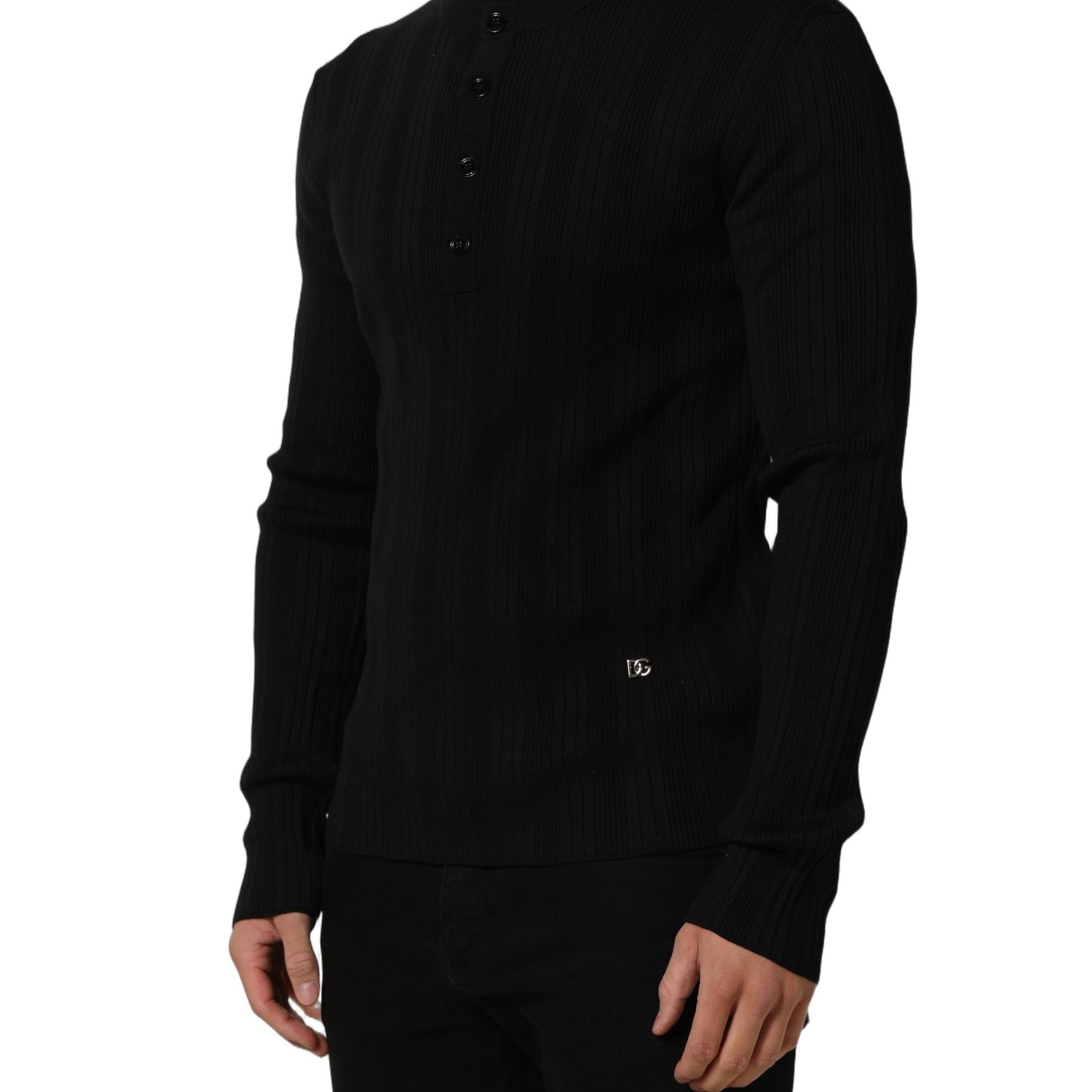 Dolce & Gabbana Black Silk Blend Henley Pullover Men Sweater