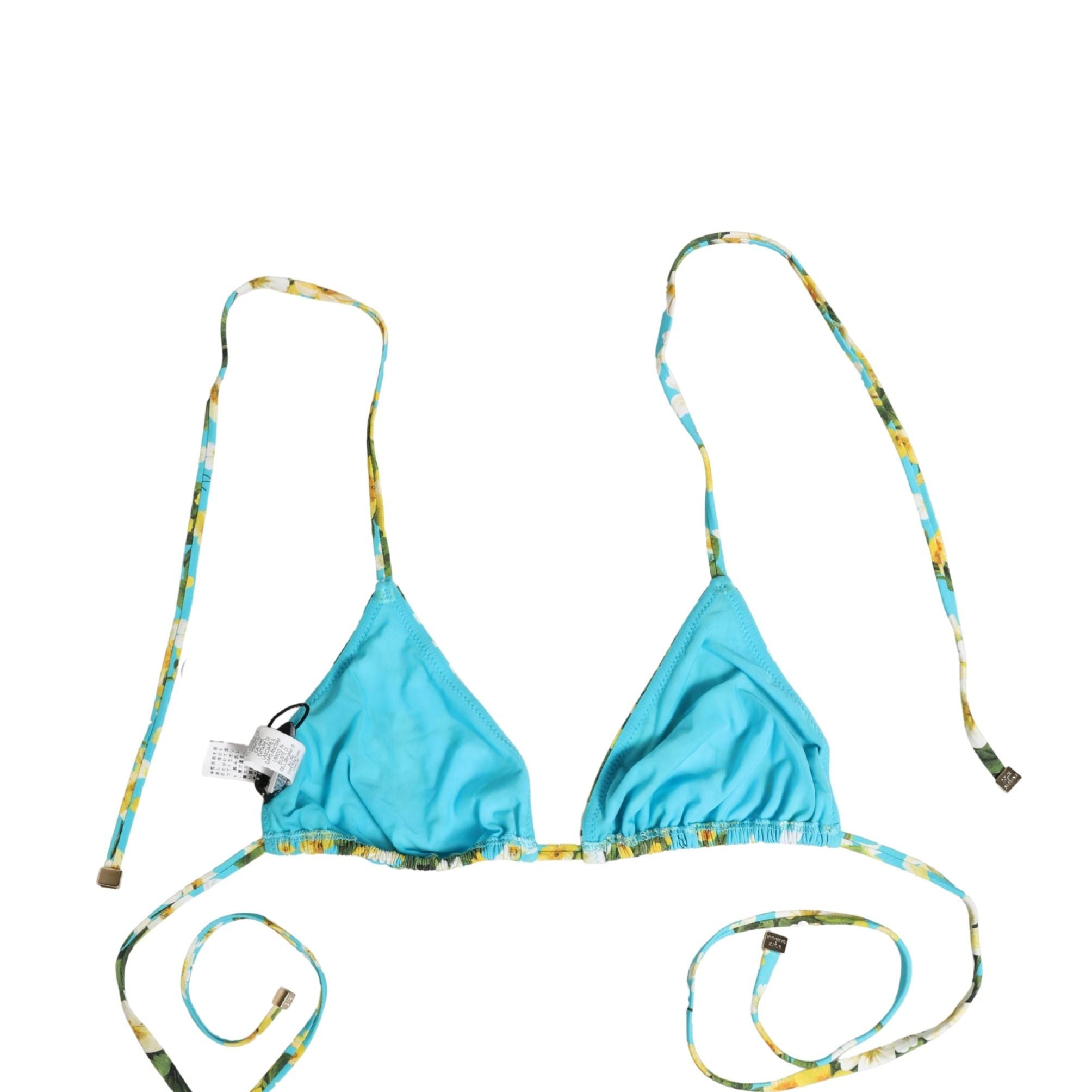 Dolce & Gabbana Blue Floral Print Nylon Halter Bikini Top Swimwear