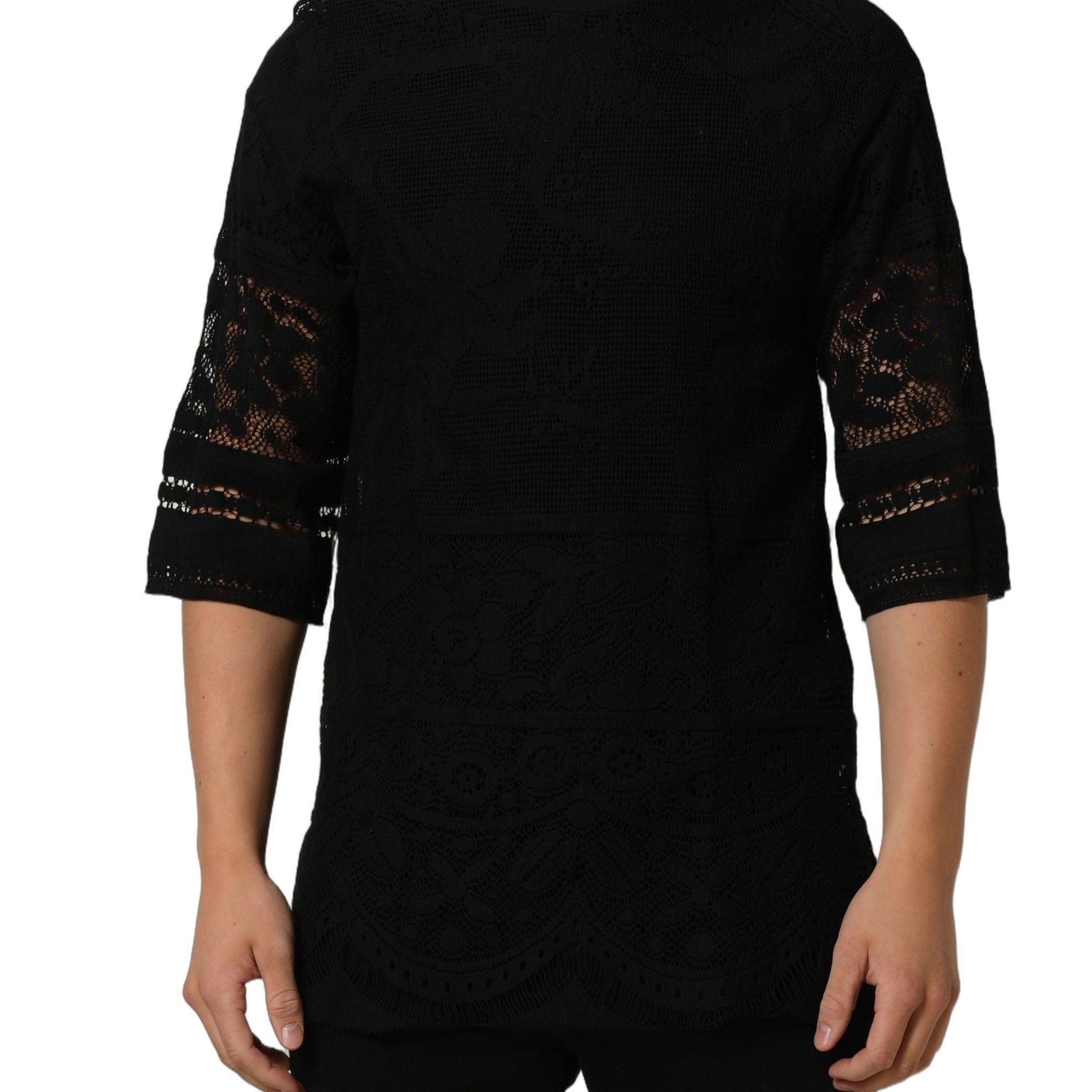 Dolce & Gabbana Black Cotton Floral Lace Crew Neck T-shirt
