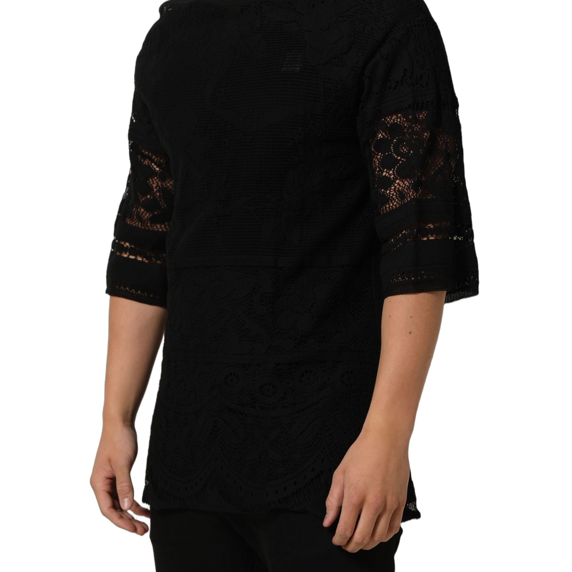 Dolce & Gabbana Black Cotton Floral Lace Crew Neck T-shirt