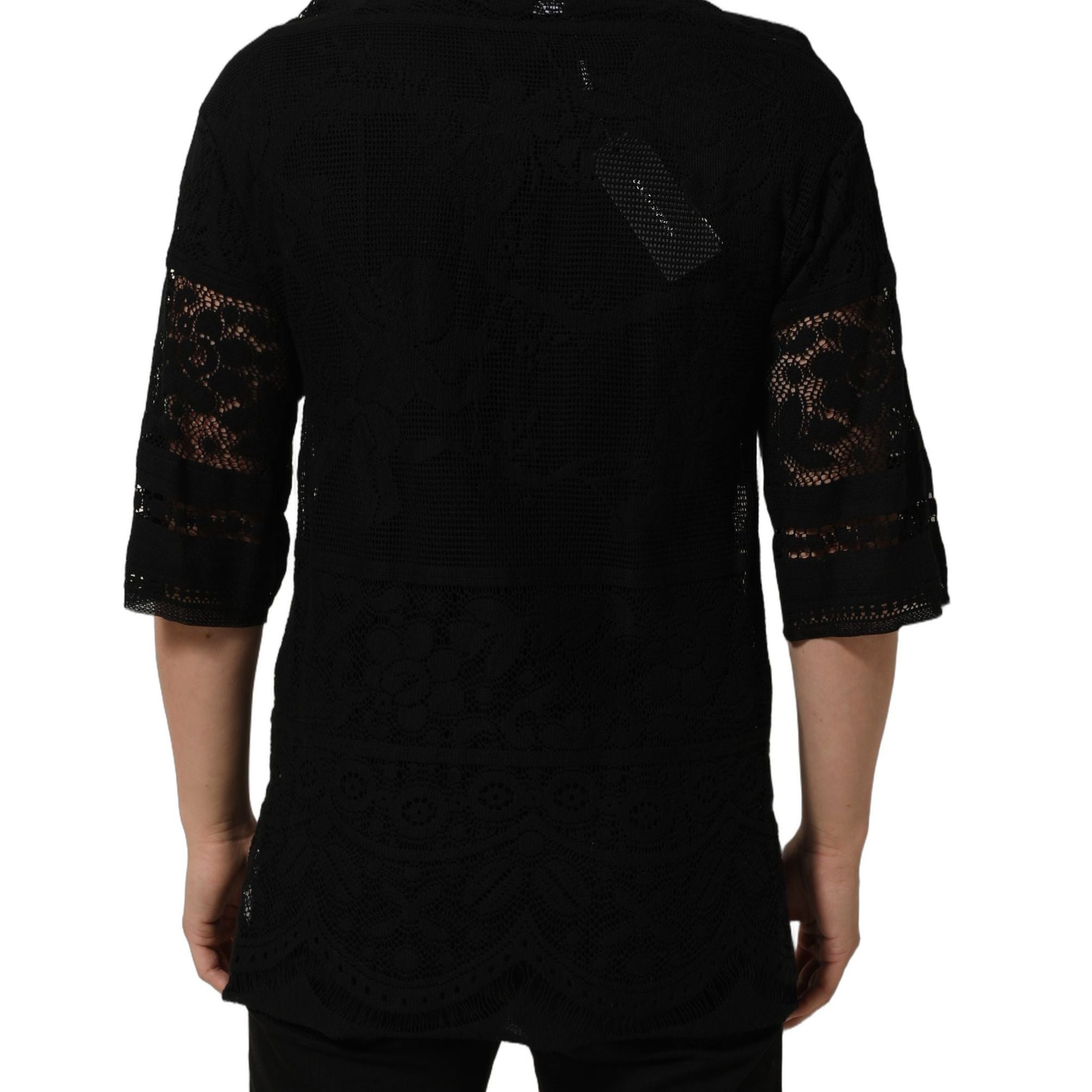 Dolce & Gabbana Black Cotton Floral Lace Crew Neck T-shirt