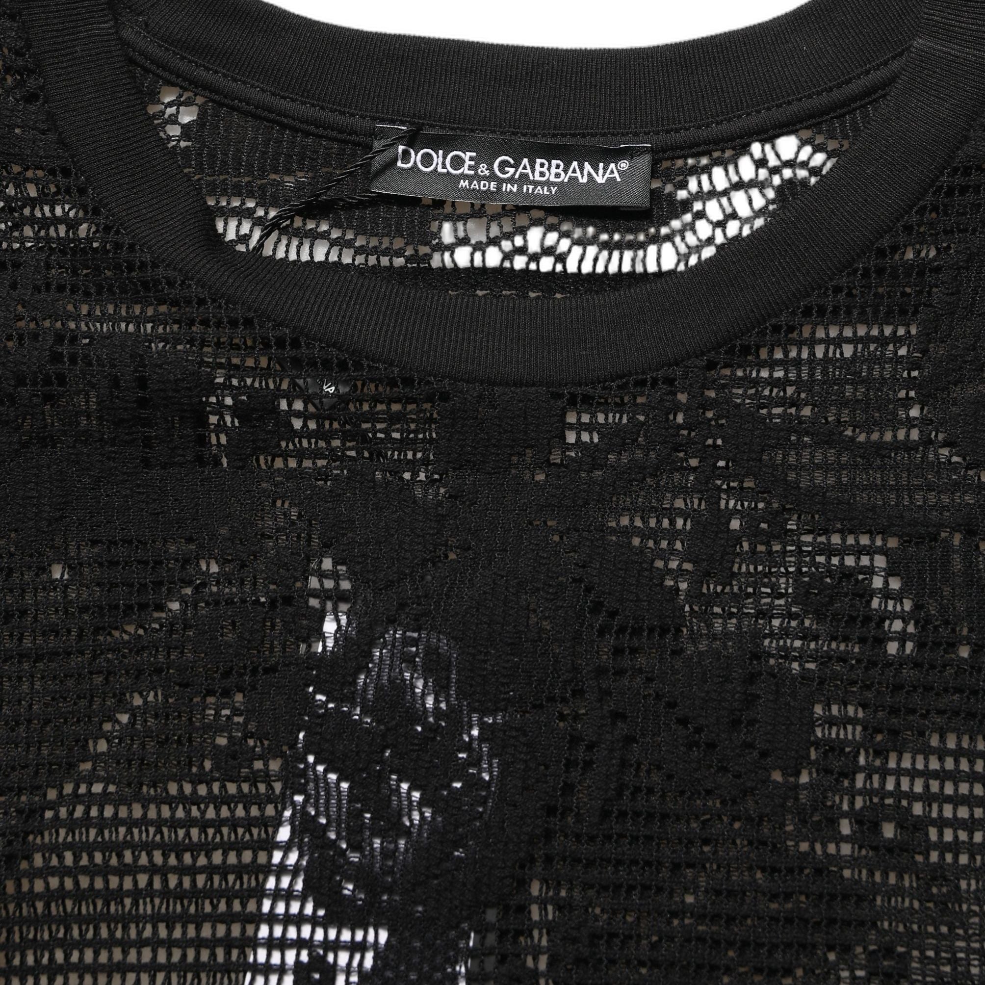 Dolce & Gabbana Black Cotton Floral Lace Crew Neck T-shirt