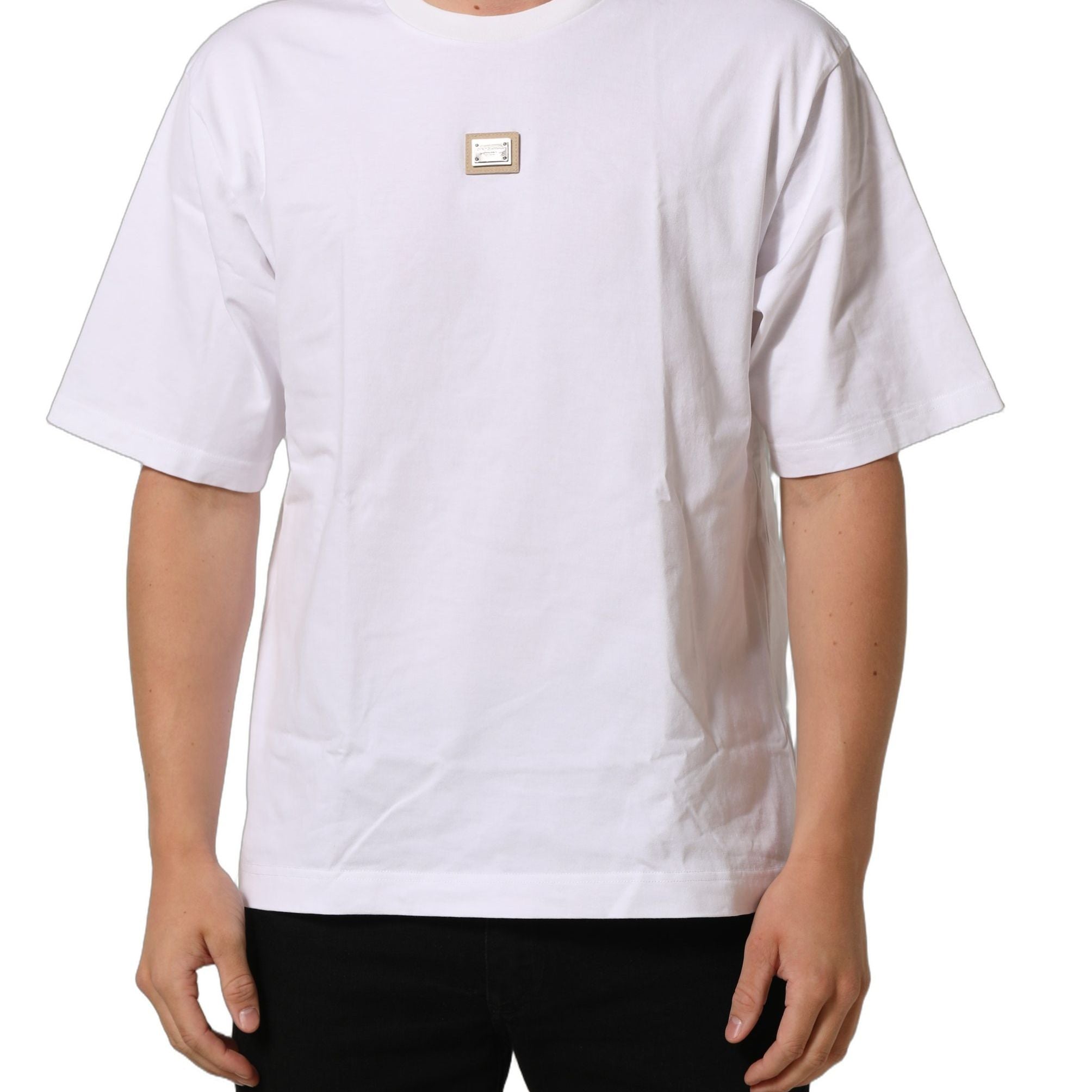 Dolce & Gabbana White Cotton Logo Plaque Crew Neck T-shirt