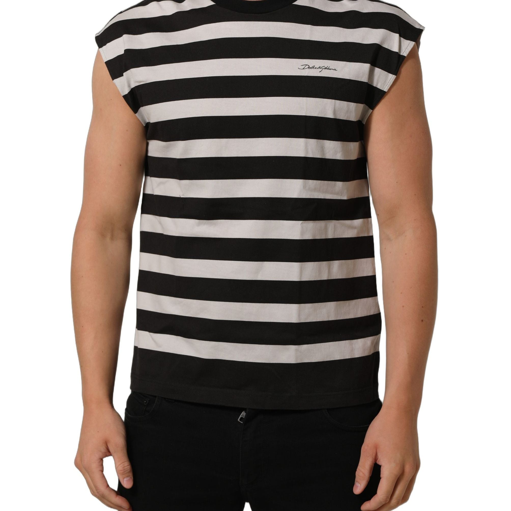 Dolce & Gabbana Black White Stripes Cotton Sleeveless T-shirt