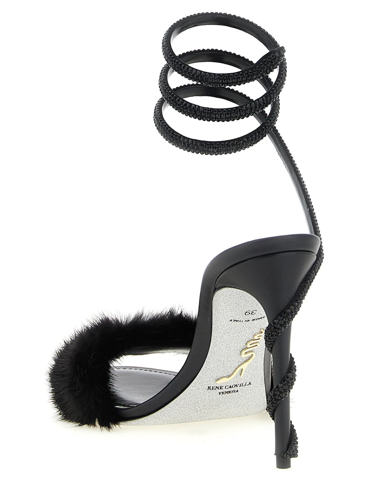 RENE CAOVILLA Black Leather Stiletto Heel Sandals