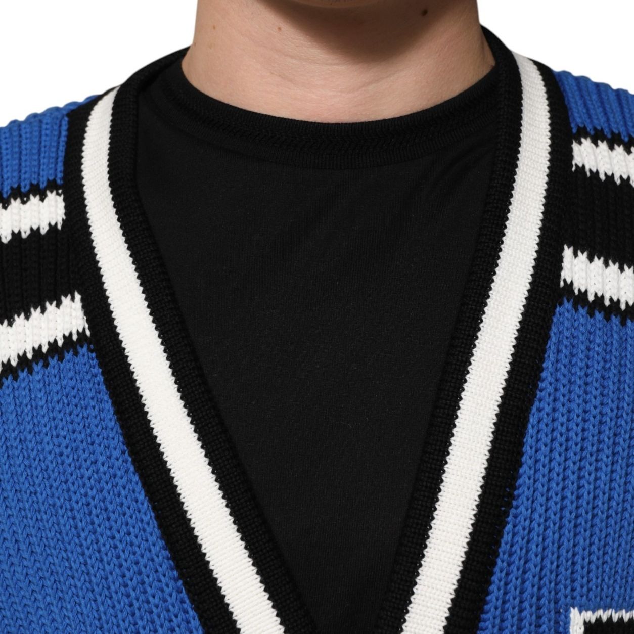 Dolce & Gabbana Blue Cotton Logo Patch Ribbed Knit Cardigan Sweater