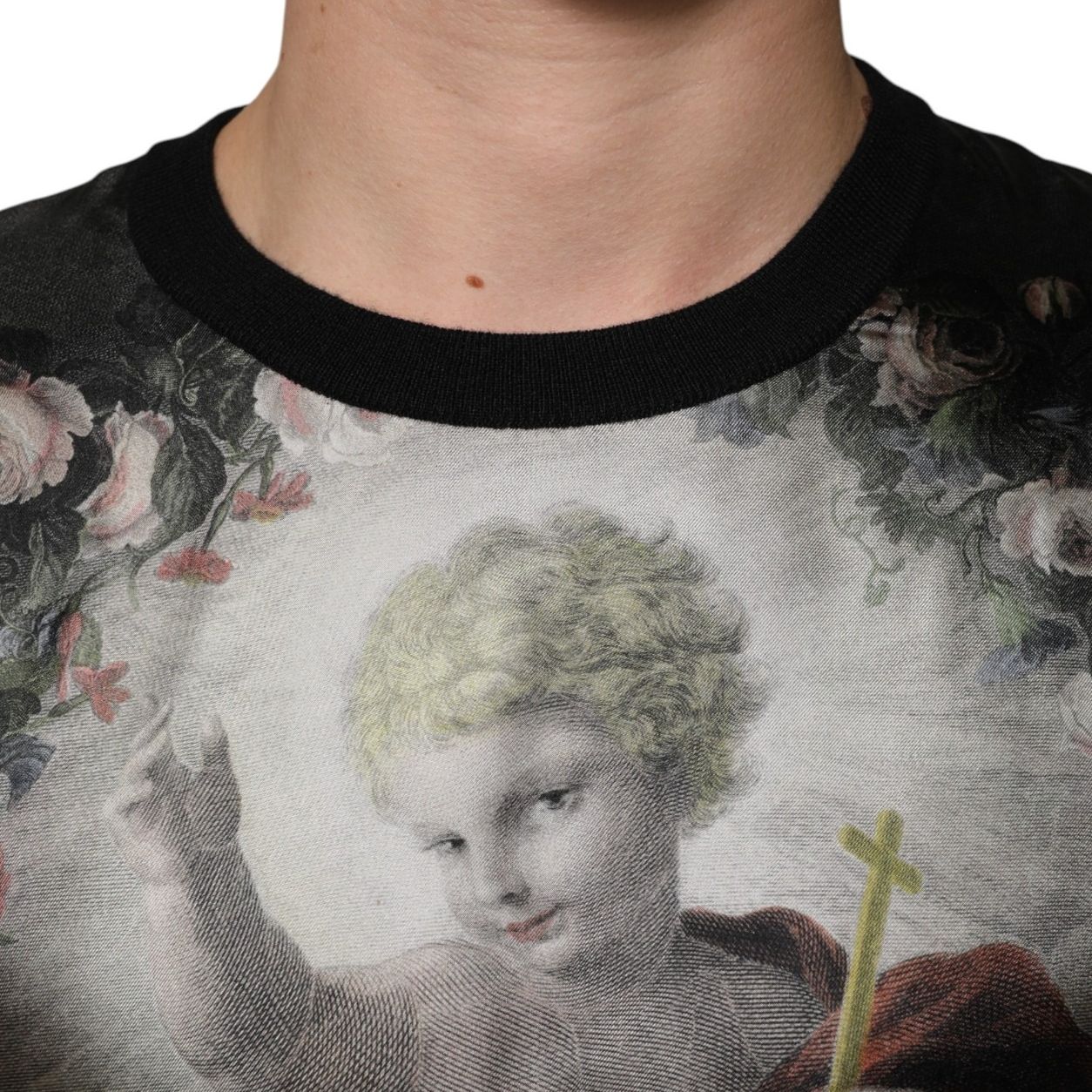 Dolce & Gabbana Black Cashmere Cherub Print Baroque Sweater