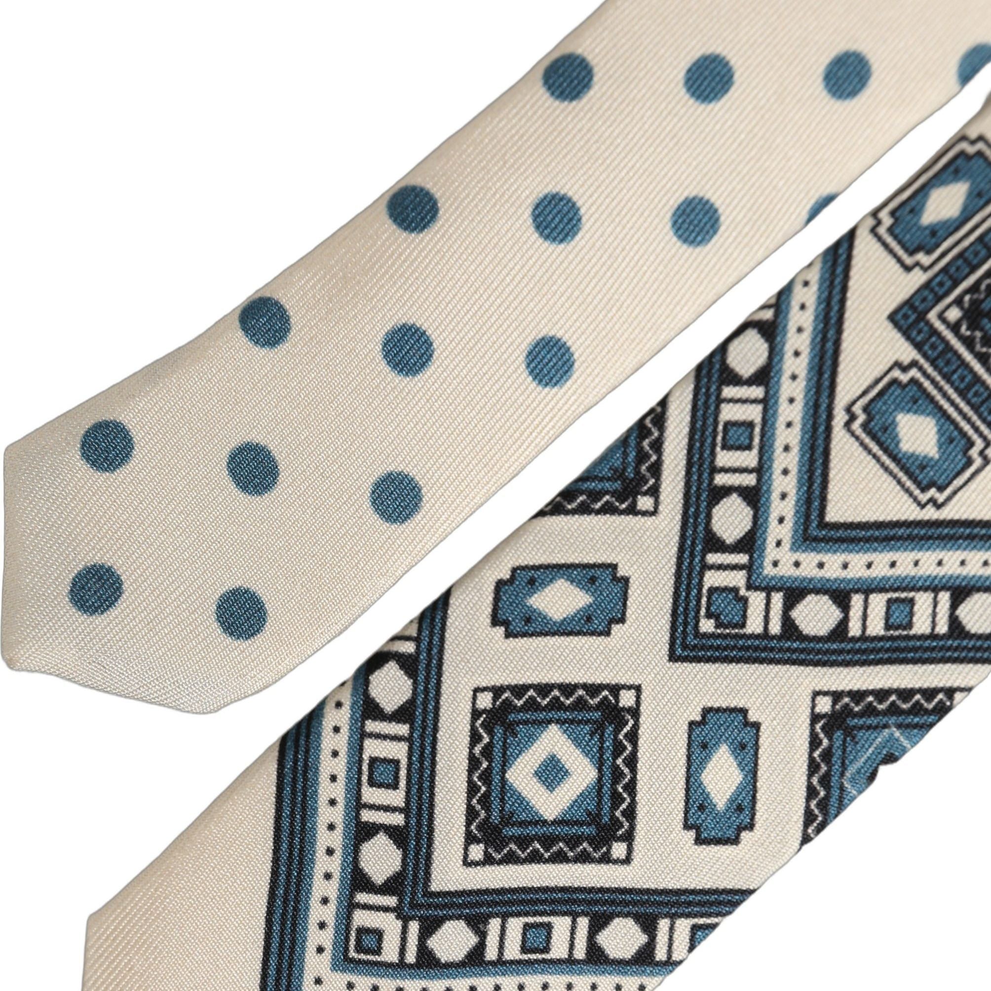 Dolce & Gabbana Men Off White Blue Geometric Adjustable Tied Necktie Tie