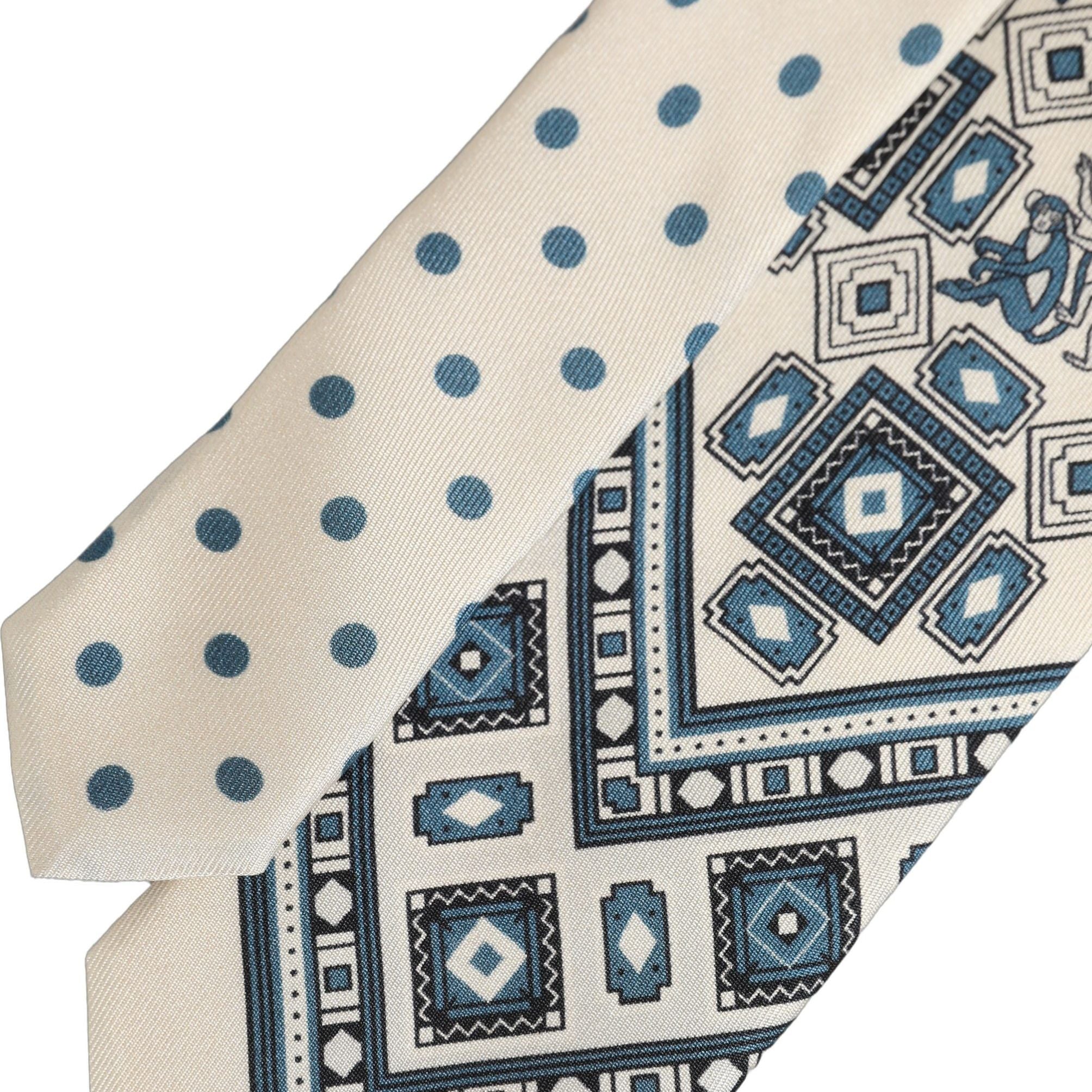 Dolce & Gabbana Men Off White Blue Geometric Adjustable Tied Necktie Tie
