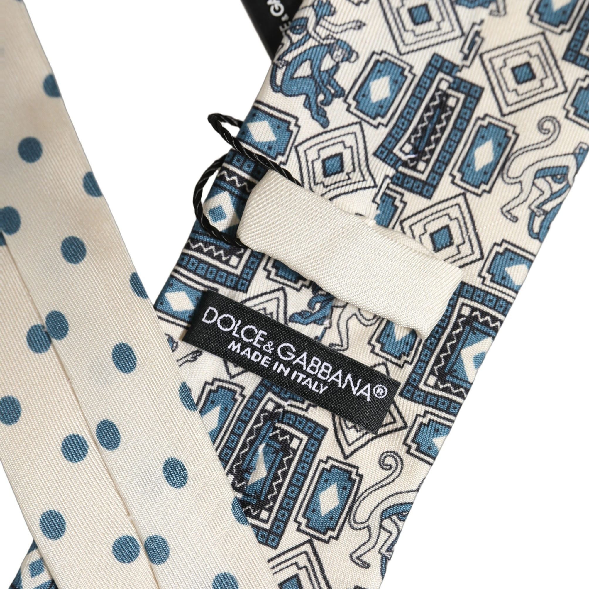 Dolce & Gabbana Men Off White Blue Geometric Adjustable Tied Necktie Tie